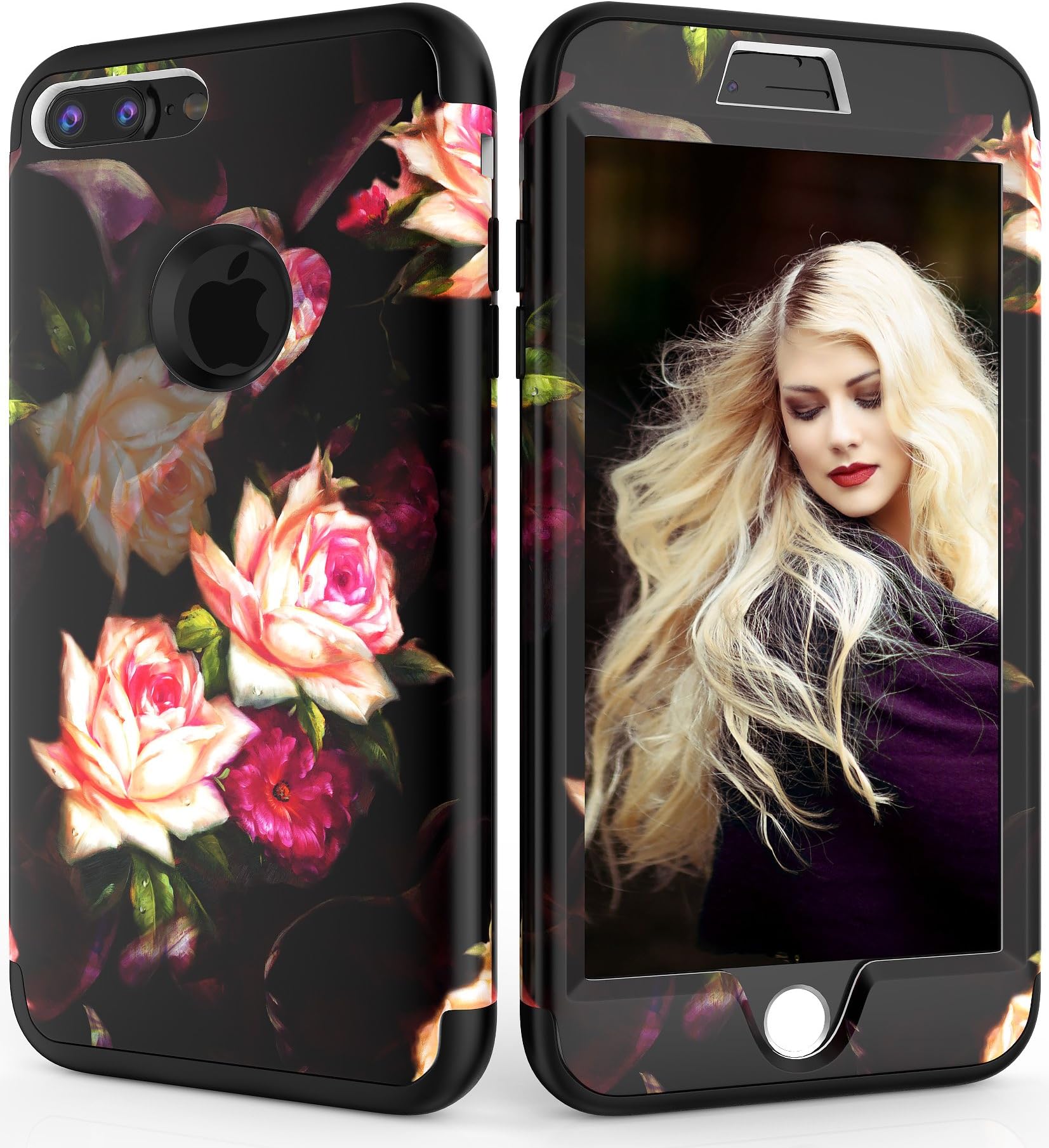 iPhone 7 Plus Case, iPhone 8 Plus Case，ADCOOG [Flower] Three Layers Heavy Duty Case Girls/Women Hybrid Protective Floral Case iPhone 7 Plus,iPhone 8 Plus (Black+Peony)
