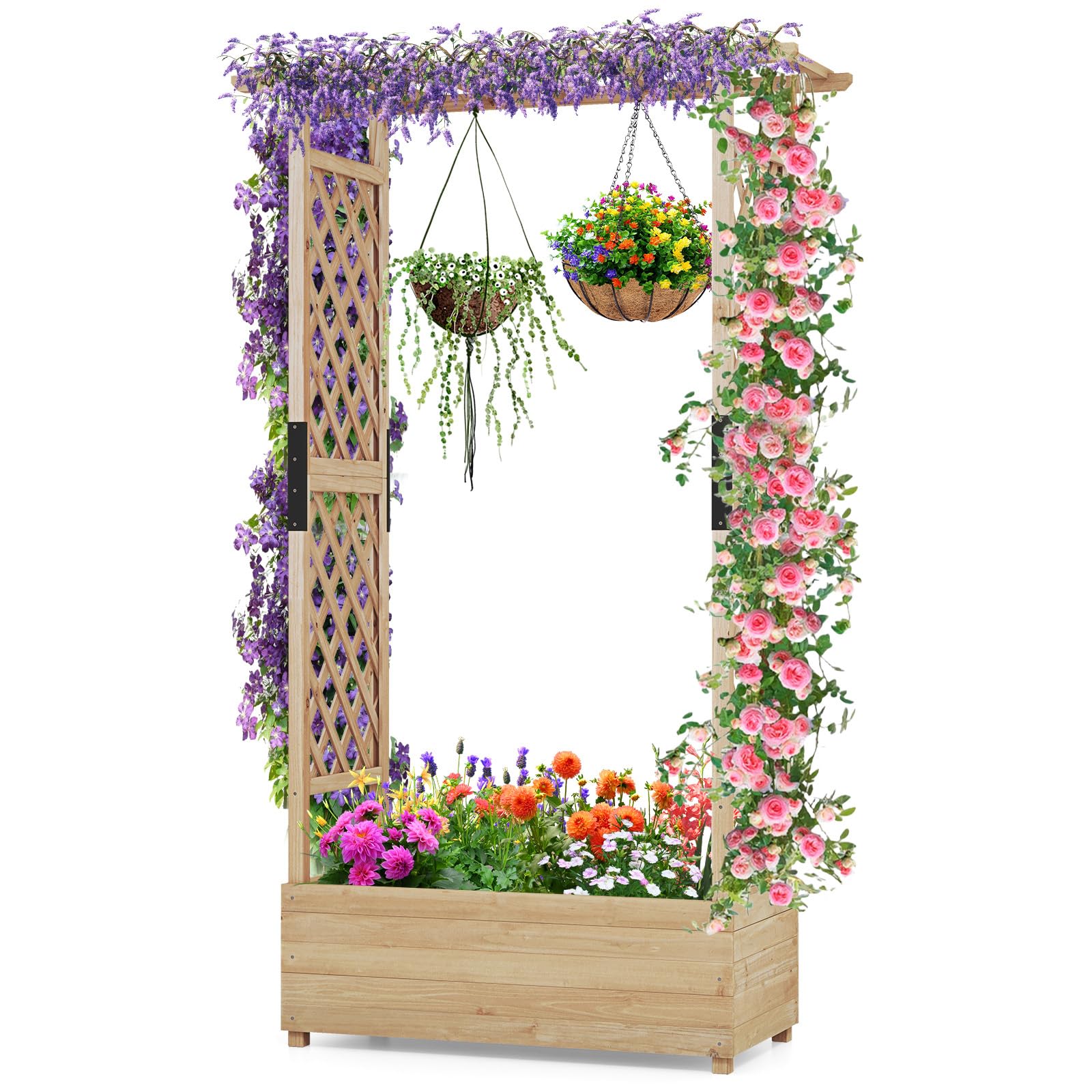 RELAX4LIFE Jardinera Elevada con Celosía Lateral y Superior, Macetero de Pie con Celosías y Agujeros de Drenaje, Contenedor de Plantas Verticales para Putrefacciones, 110 x 44 x 182 cm (Natural)
