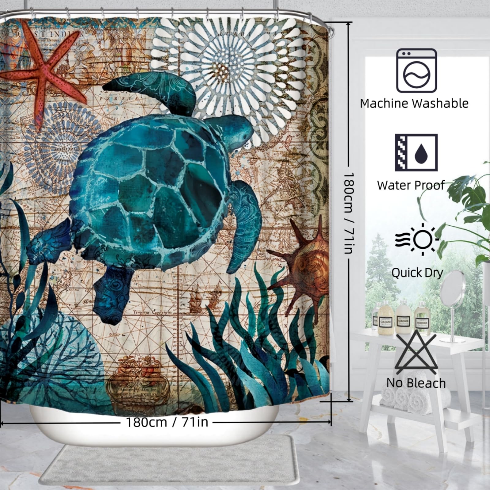 JMAHM Shower Curtain Ocean Mildew Resistant Polyester Shower Surtains Bathroom with 12 Hooks Bath Curtains Marine Organism Bathroom Curtains (180x180 - Image 2