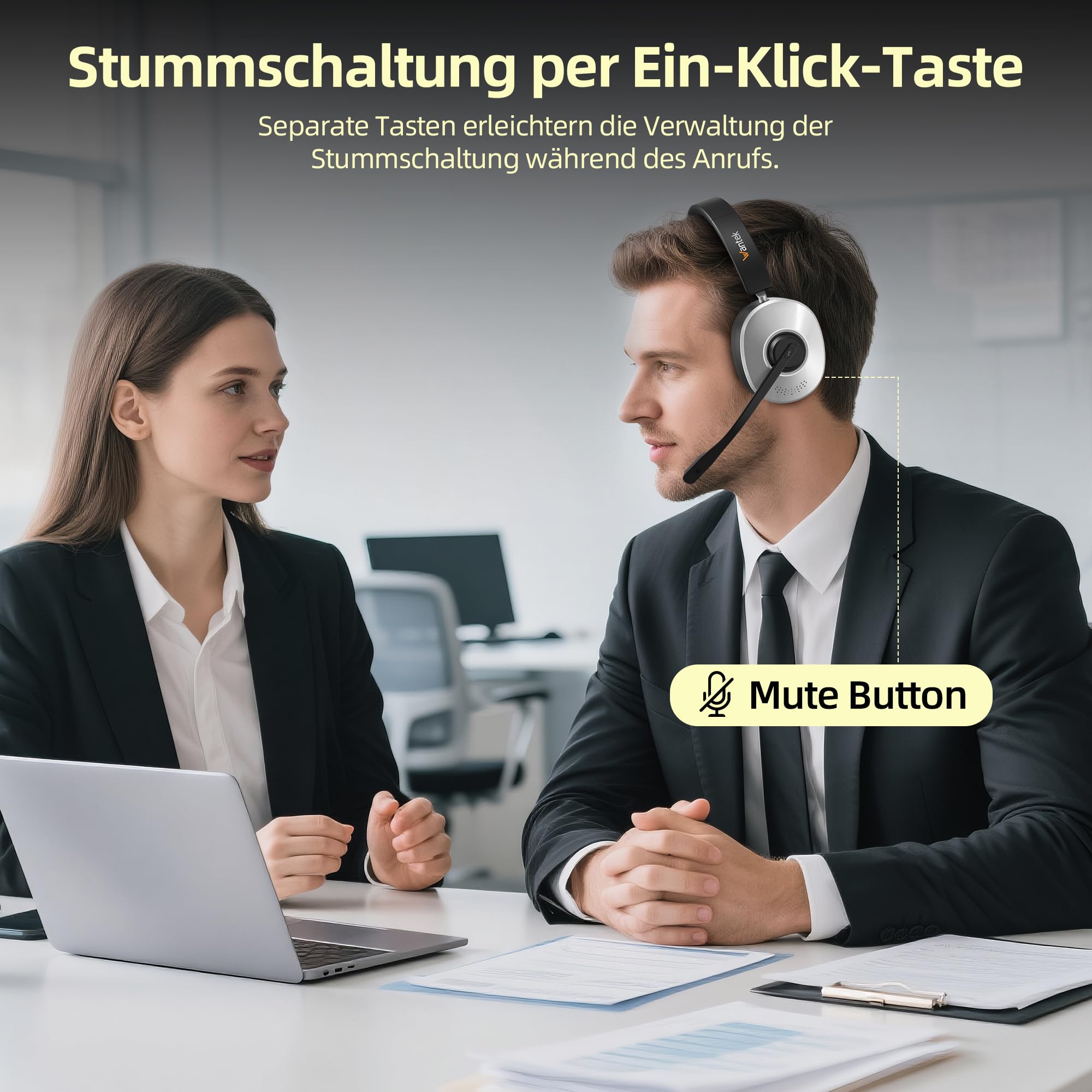 Wantek Casque Bluetooth sans Fil avec Micro, Casque sans Fil avec Station de Charge, Dongle USB, Casque Bluetooth avec Microphone pour PC Bureau Zoom Skype Ordinateur Portable Centre d'appel équipes