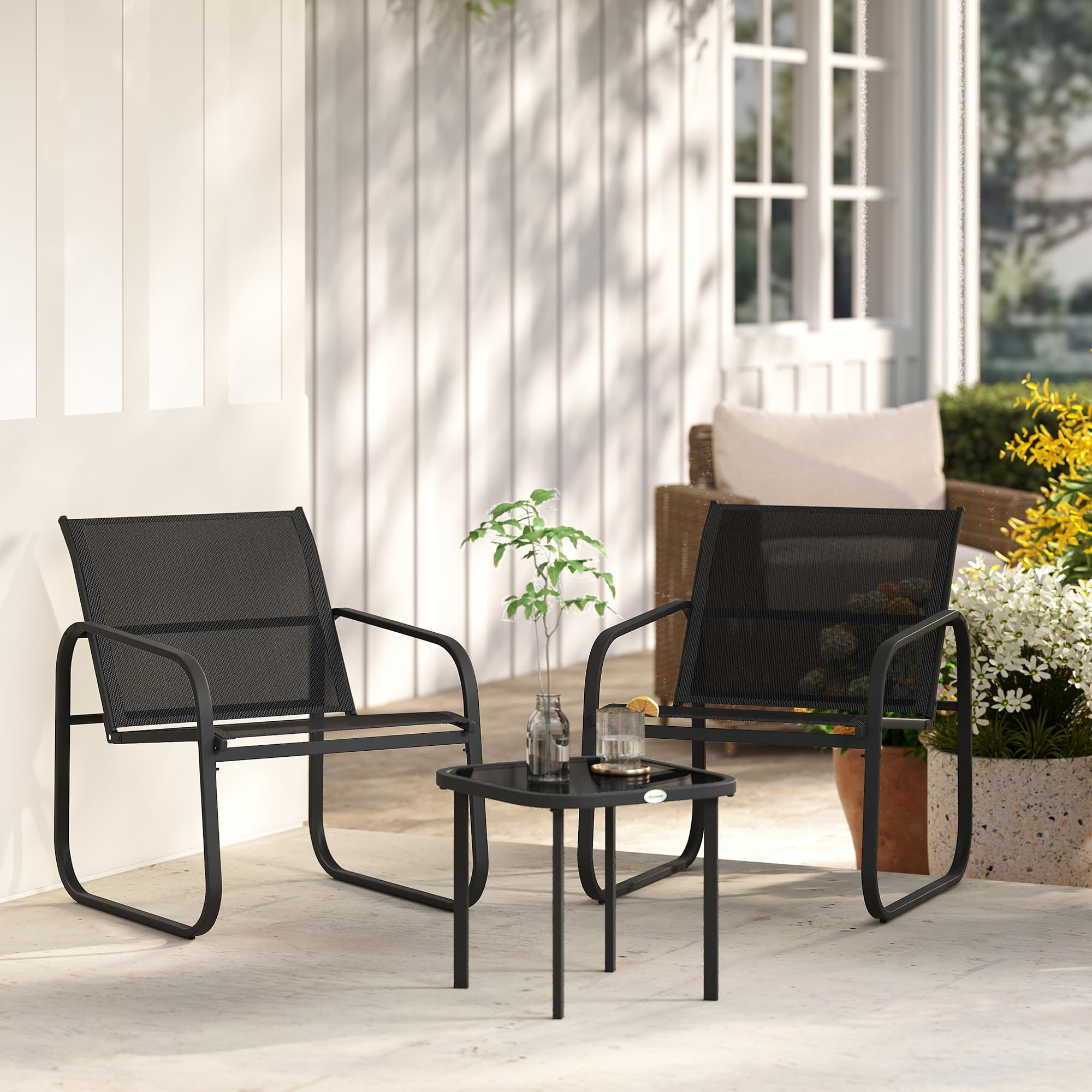 Outsunny Set bistrot da giardino 3 pezzi, set di mobili da giardino per 2 persone con 2 sedie in rete e tavolino in vetro temperato, mobili da giardino, terrazza, balcone, veranda, nero