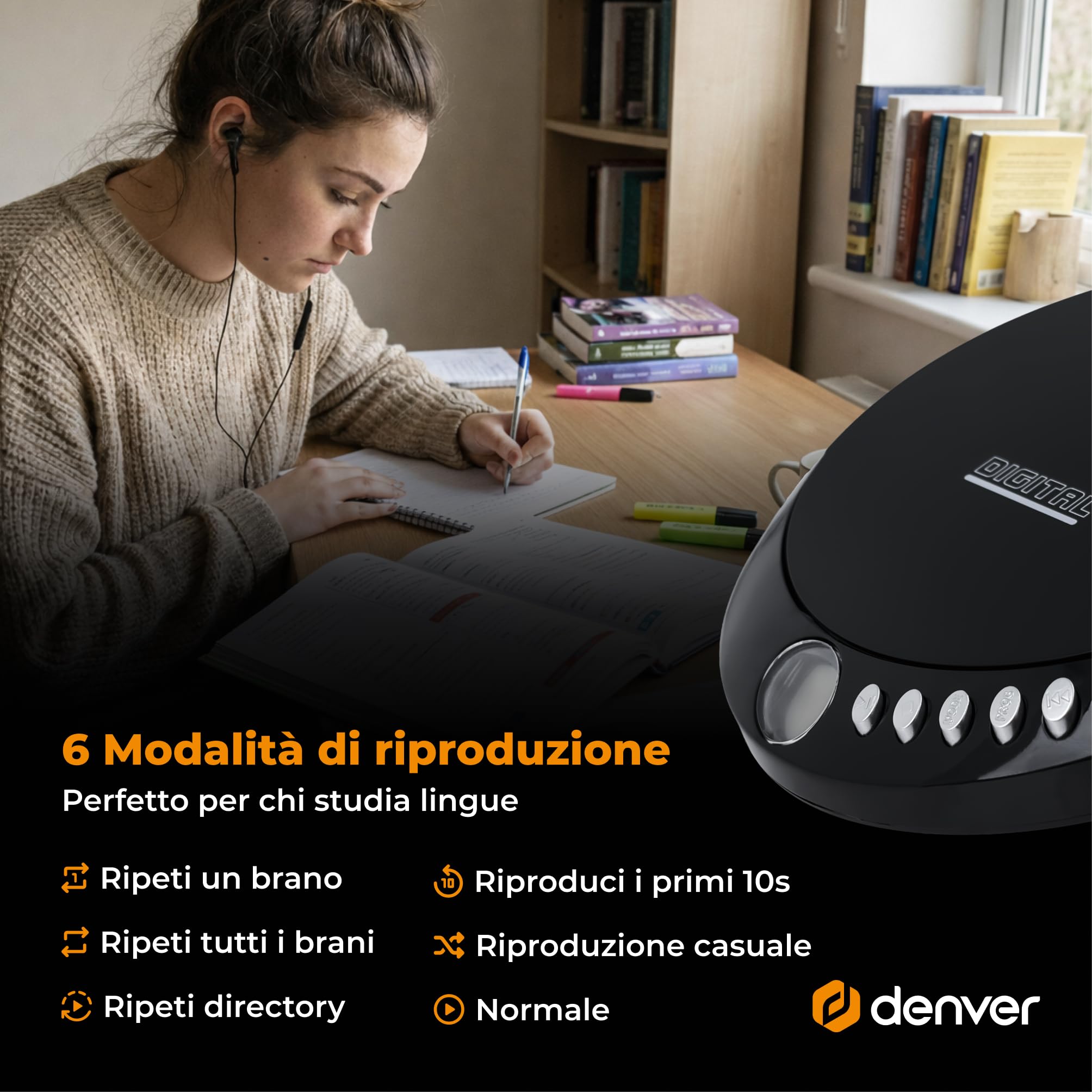 Discman Denver DM-24. Lettore CD portatile. Compatibile con CD, CD-R e CD/RW. Cuffie incluse