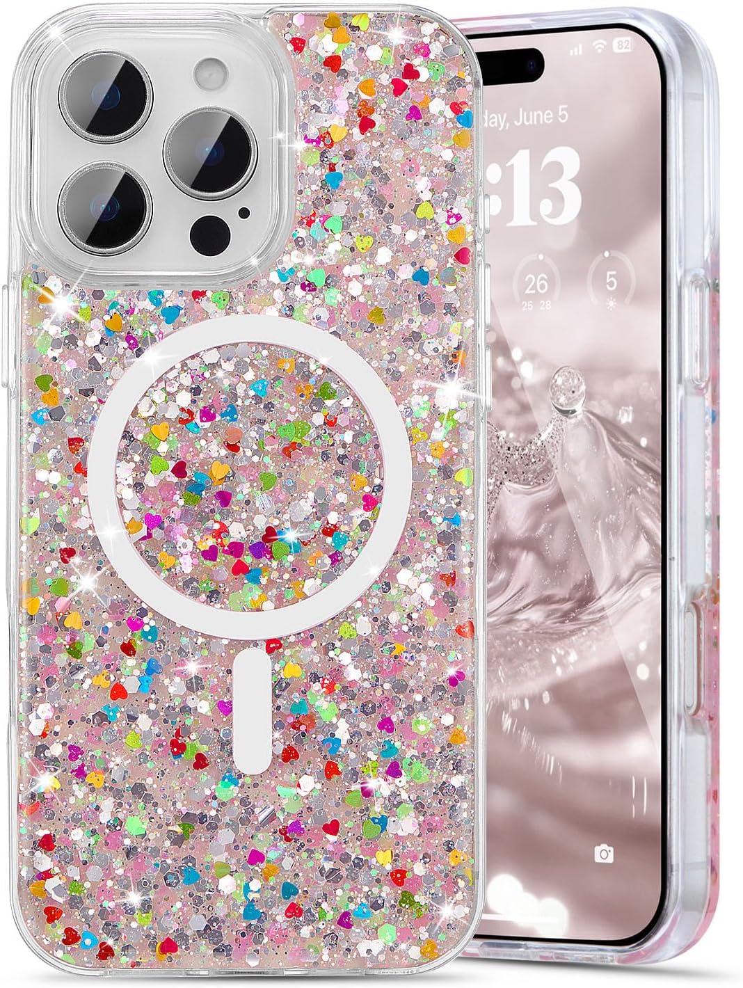 UEEBAI Glitter Case Magnetic for iPhone 15 Pro Case, Luxury Shiny Bling Sparkly Phone Cover Compatible with MagSafe, Wireless Charge Crystal Diamonds Shiny Cover for Women - Pink