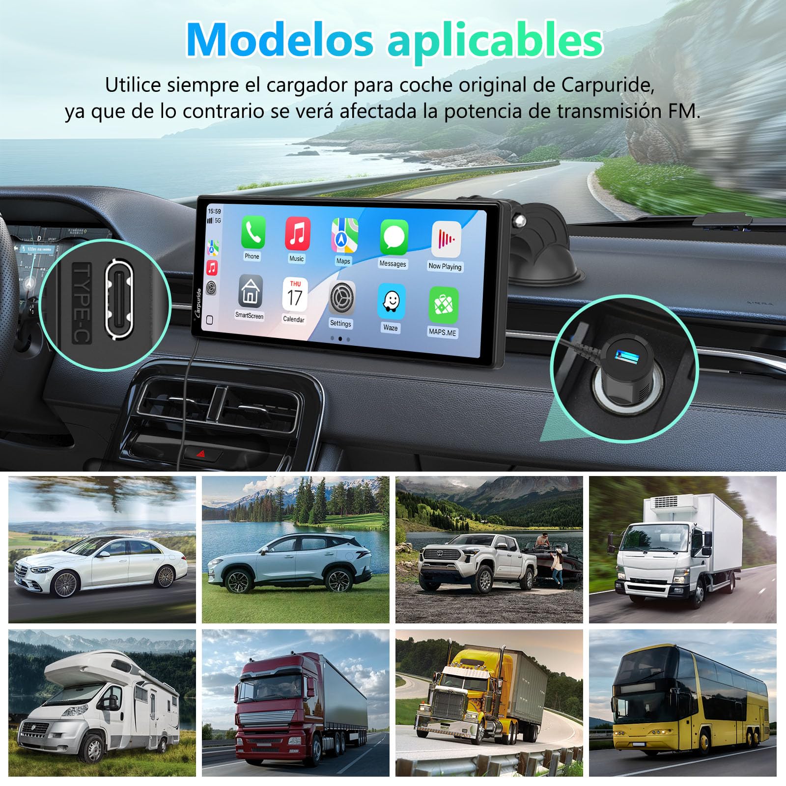Carpuride V92 - Estéreo portátil para Coche, inalámbrico Carplay y Android Auto, 10,26 Pulgadas 1080P HD Pantalla táctil Radio con BT 5.0, Soporte de Enlace de Espejo para camión RV Dash Mount