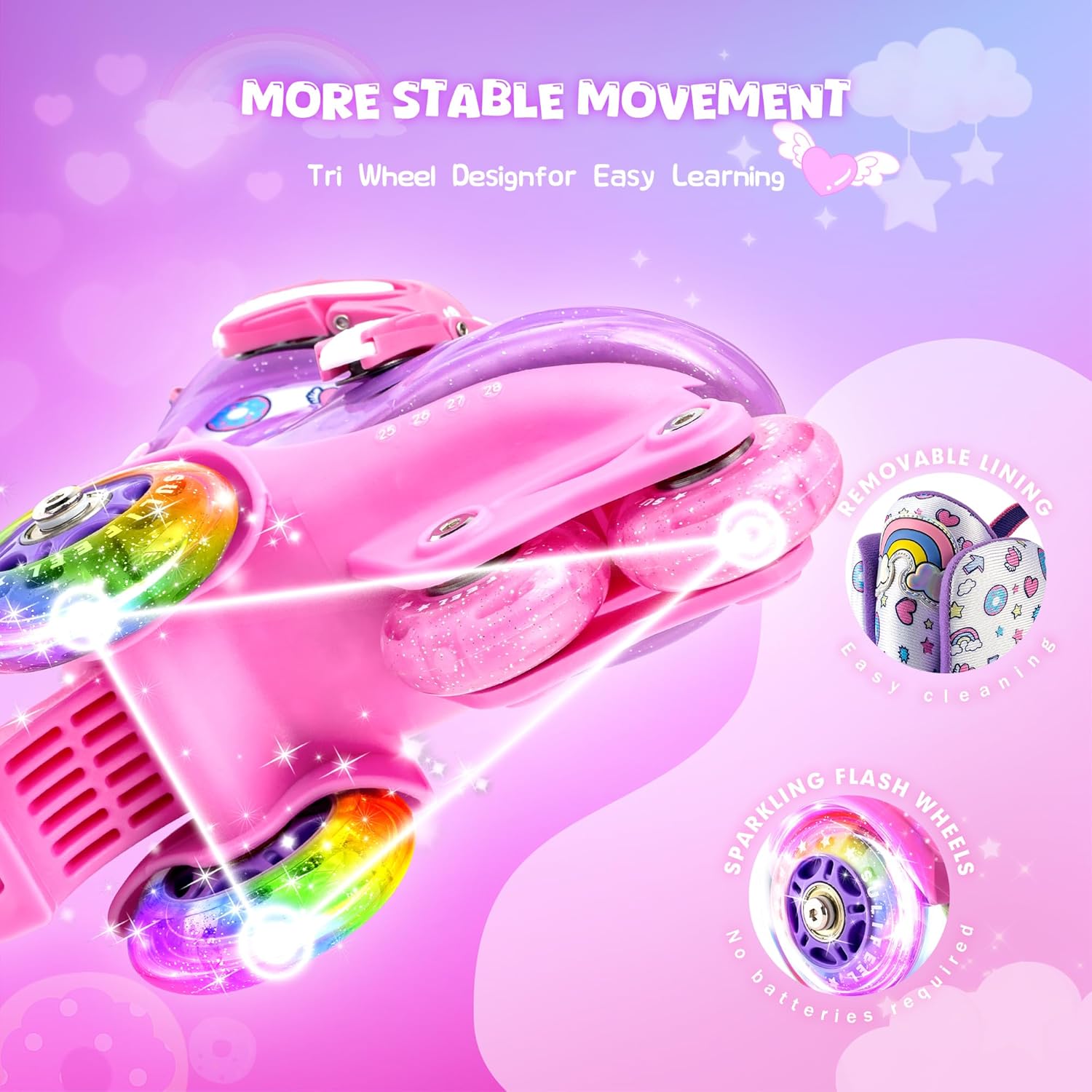 SULIFEEL Adjustable Roller Skates for Girls Boys Kids,Fun Illuminating Light Up Flash Wheels Three-Point Type Balance Suitable for Beginners Indoor Roller Skating - Image 4