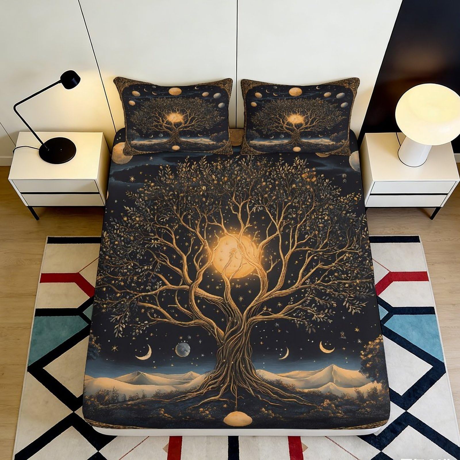 3D Printed Cosmic Tree Fitted Sheet Microfiber Deep Pocket Bedroom Bedding Cosmic Tree Mattress Fitted Cover Washable Elastic Hem 180x200x25cm