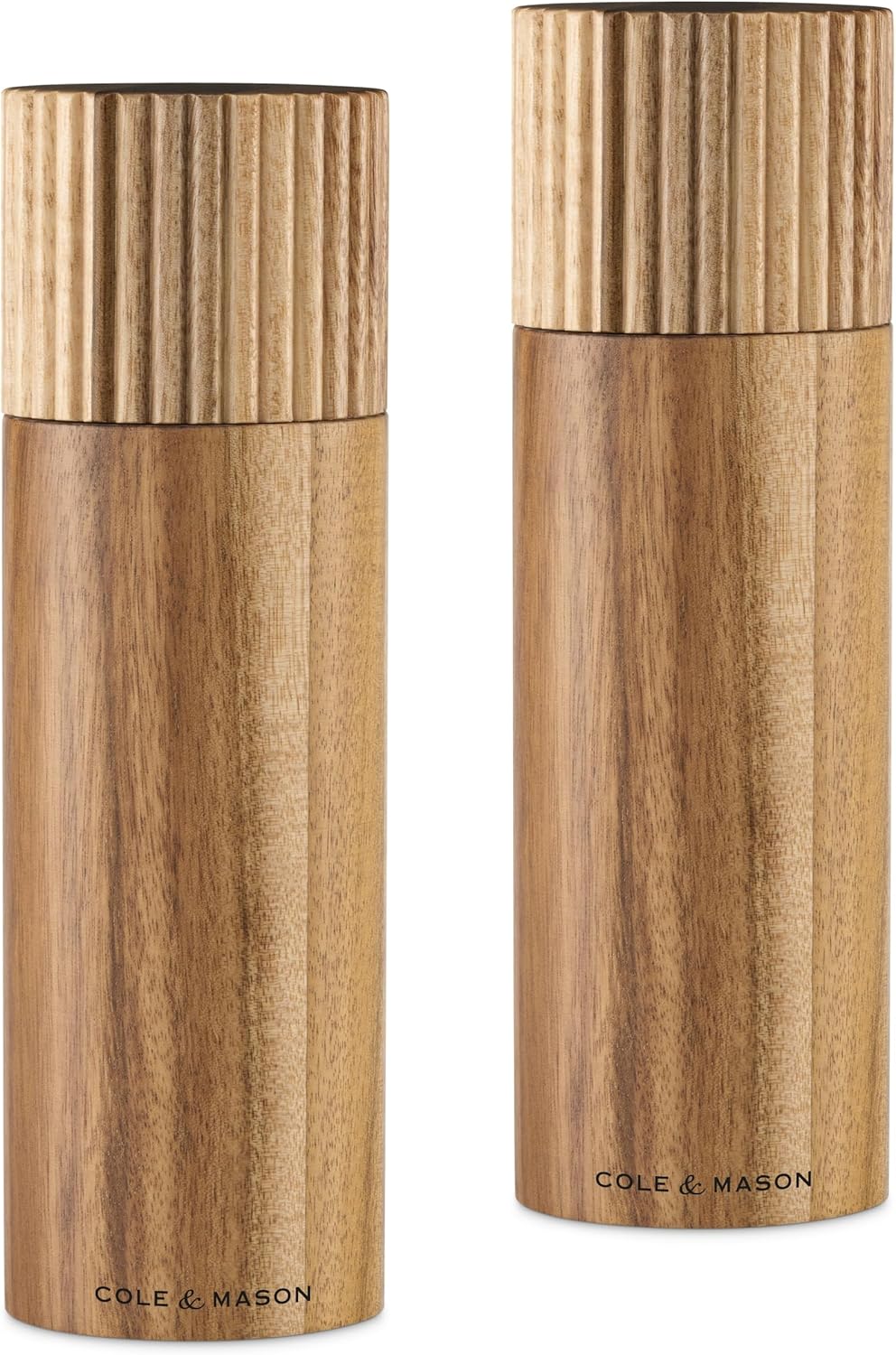 Cole & Mason 7" Galloway Ribbed Acacia Gift Set - Kitchen Mills with Adjustable Grinding - Flavor-Enhancing Grinder Set - Salt & Pepper Mills for Smooth Grind Experience