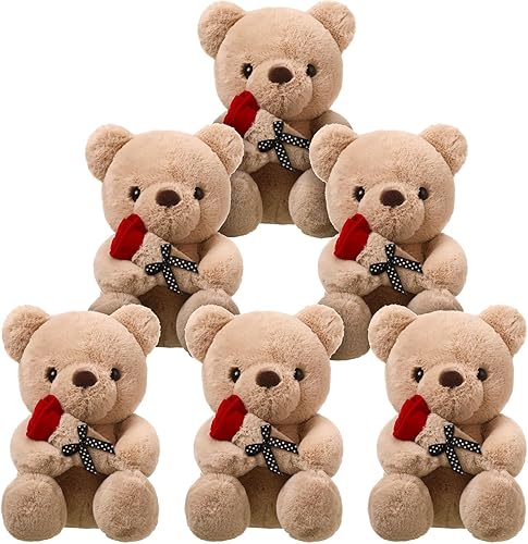Yunsailing 6 piezas de oso de peluche de oso de bebé de 9 pulgadas, oso de peluche pequeño con rosa para bodas, baby shower, regalos de fiesta de