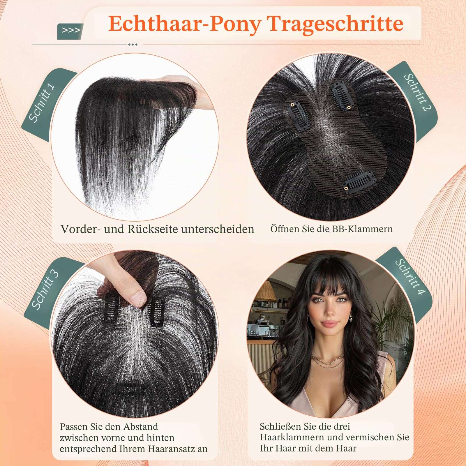 Benehair Echthaar Hair Topper für Frauen, 100% Echthaar Topper mit Pony, 14g Haarverdichtung für Dünnem mit Bange, 7x11CM Basis Menschliches Haar Toppers Oberkopf, 27CM #02 Dunkel Braun