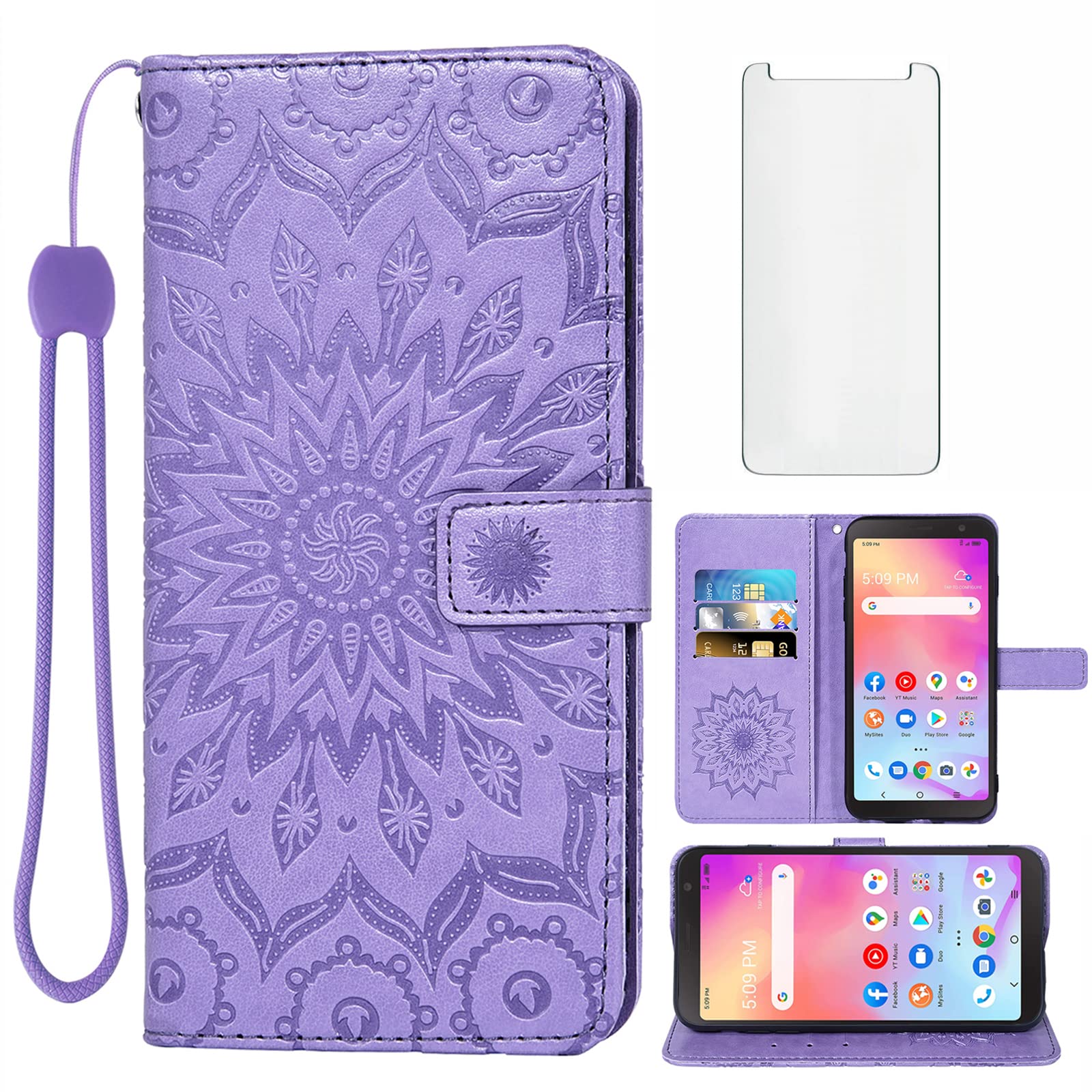 Asuwish Phone Case for Alcatel TCL A3 A509DL Wallet Cases with Tempered Glass Screen Protector and Sunflower Leather Slim Flip Cover Card Holder Stand