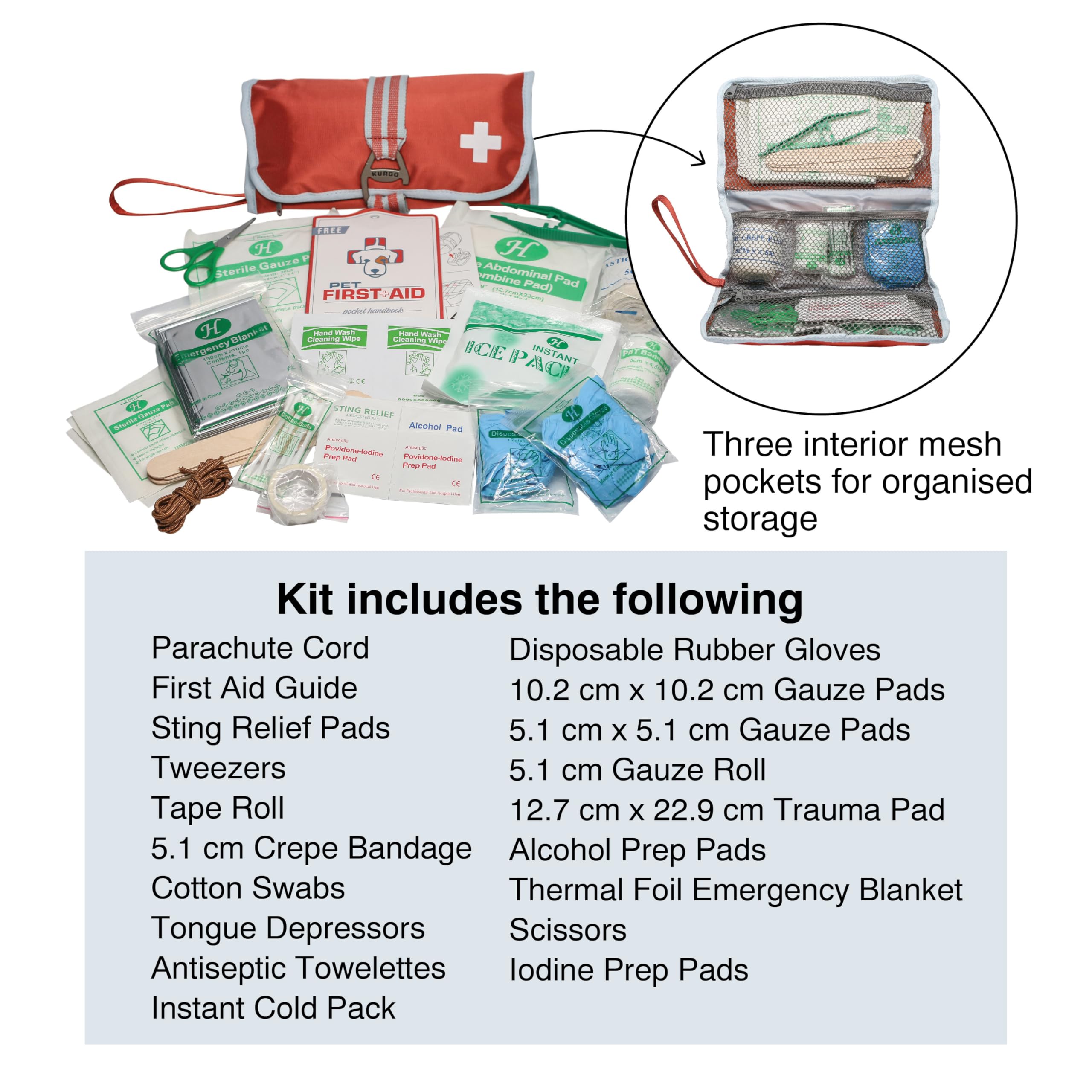 Kurgo - Kit de Primeros Auxilios para Perros - Para Excursiones y Viajes, incluye Guía y 50 Piezas en Estuche de Tela Oxford Resistente