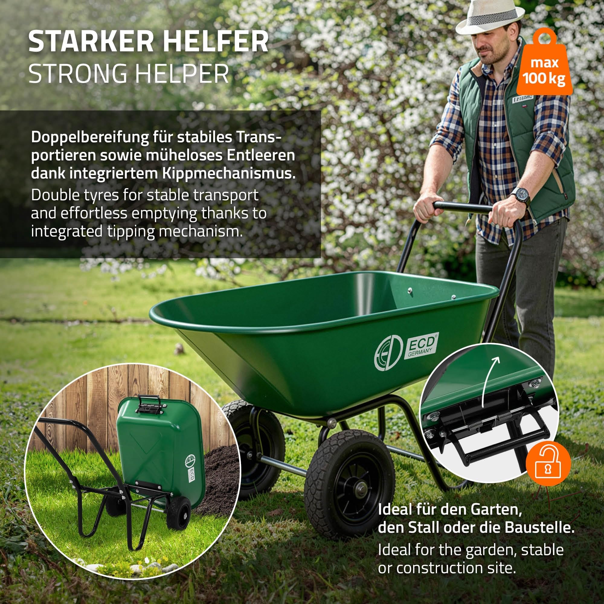 ECD Germany Schubkarrenwagen 78L, Gartenkarre mit Kippfunktion, Bauschubkarre mit Stahlrahmen, 2x PU-Reifen & PP-Wanne, 100 kg Tragkraft, Gartenschubkarre, Schiebkarre, Transportkarre für Garten & Hof
