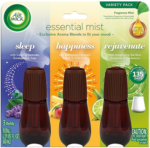 Air Wick Essential Mist Refill, 3 ct Multipack, Sleep, Happiness, Rejuvenate, Essential Oils Diffuser, Air Freshener