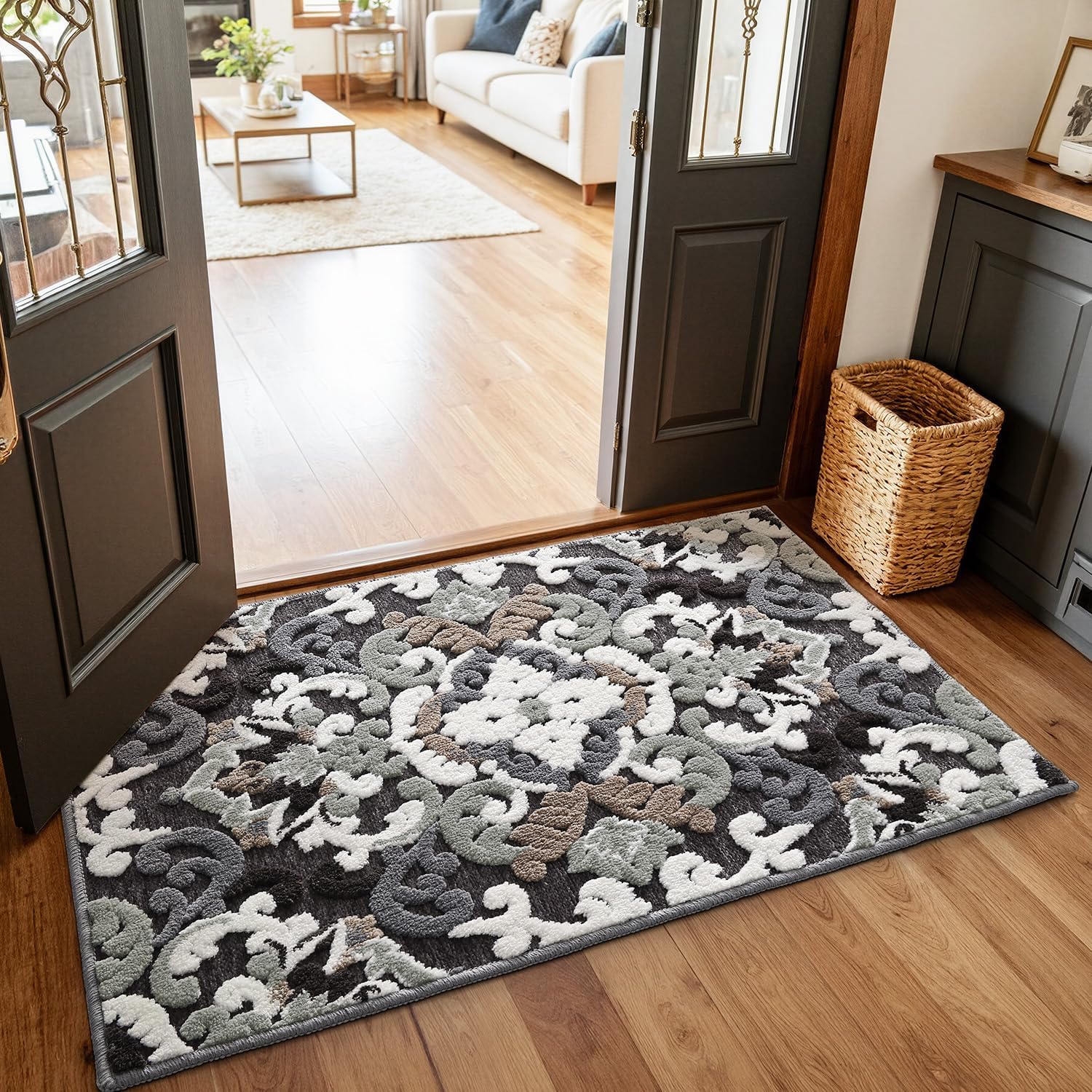 LUMI Indoor Door Mat for Entrance 26x46, Luxury Front Doormat with Non-Slip Latex Rubber Backing, Soft Washable Dirt Trapper, Flower Bliss (Rolled Package) - Image 3