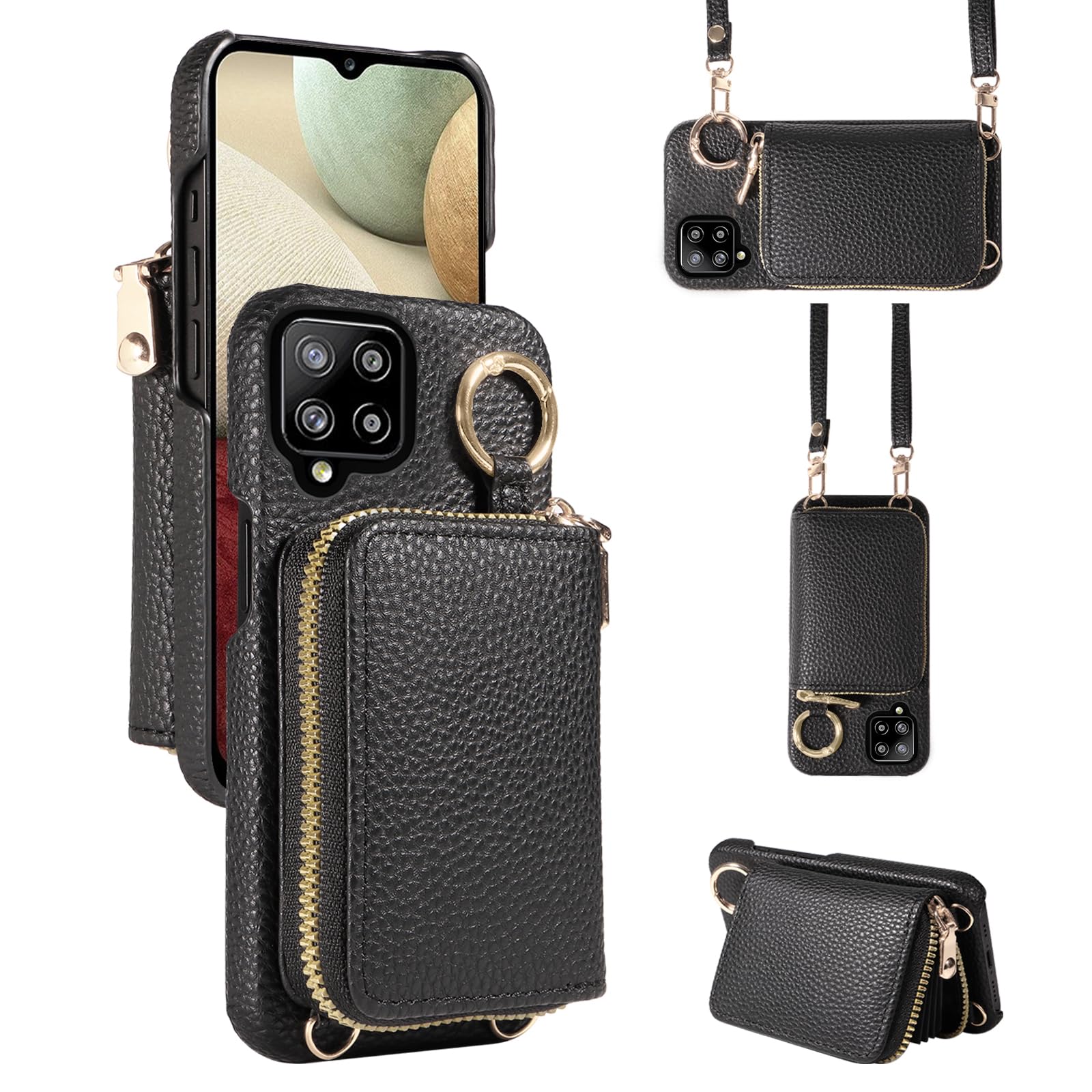 Furiet Wallet Case for Samsung Galaxy A22 4G 6.4 inch with Shoulder Strap Ring Buckle, PU Leather Zipper Organ Purse, Credit Card Holder Stand Phone