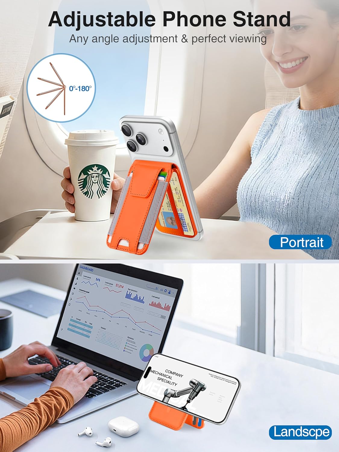 TopMade for MagSafe Wallet with Stand, Strongest Magnetic Wallet for iPhone 17/16/15/14/13/12 Series, Leather Magnetic card holder with Adjustable Stand, 9 Cards Holder, RFID Blocking, Orange