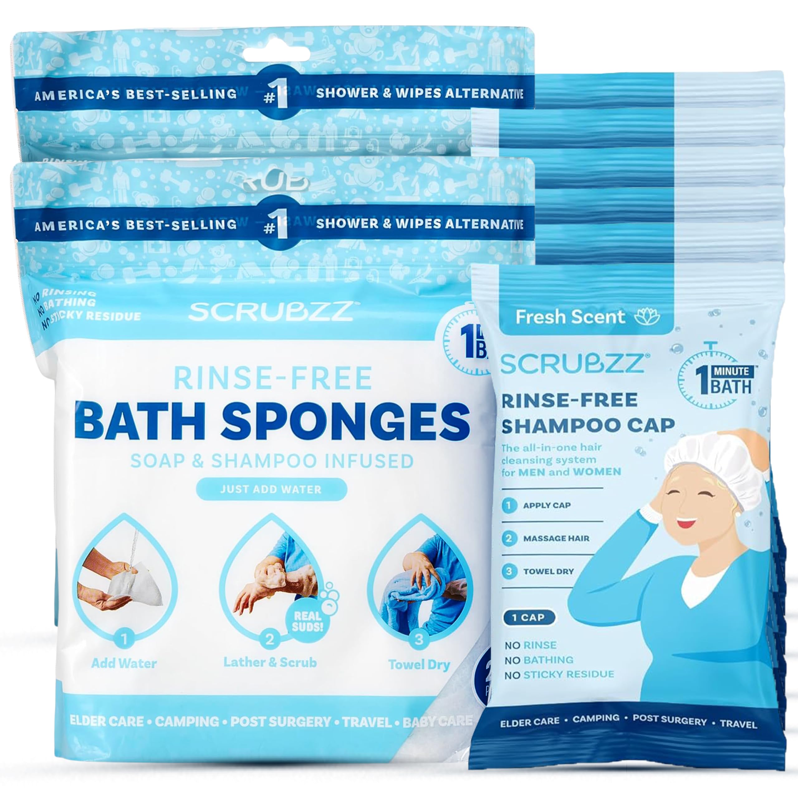 Scrubzz Rinse Free Bathing Sponges and Shampoo Caps Bundle for Eldery Bedridden and Post Surgery Patients