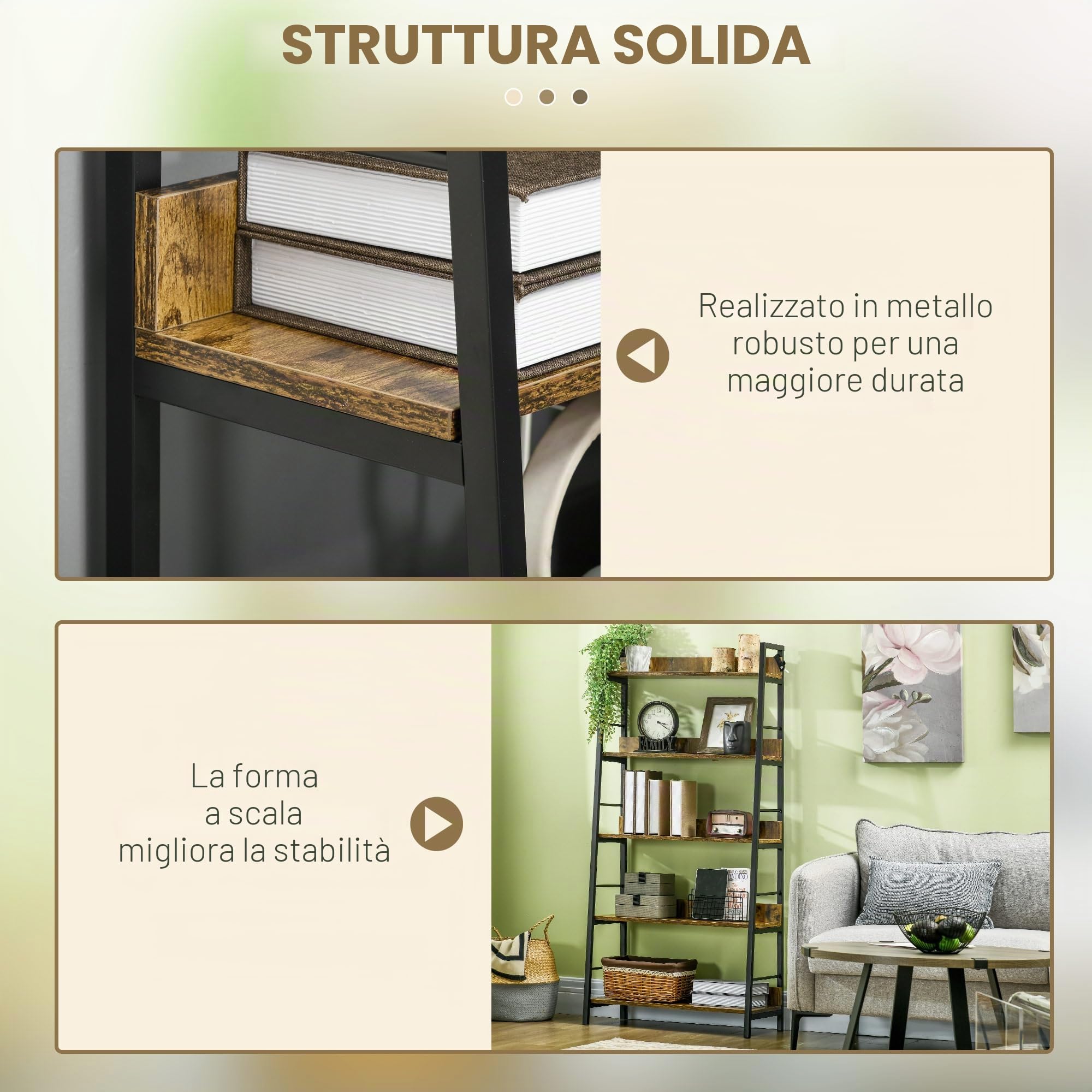 HOMCOM Libreria 5 ripiani 70x35x150 cm marrone rustico | Stile industriale inclinato