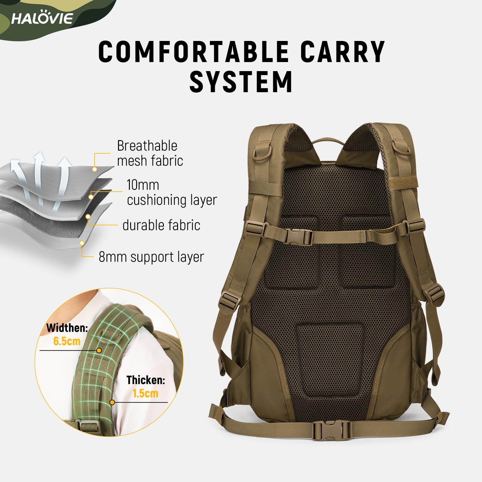HALOVIE Sac à dos Tactique Militaire 30L, Ultraléger Sac à dos de Randonnée Sac Crossfit pour Voyages Excursion Camping Pêche