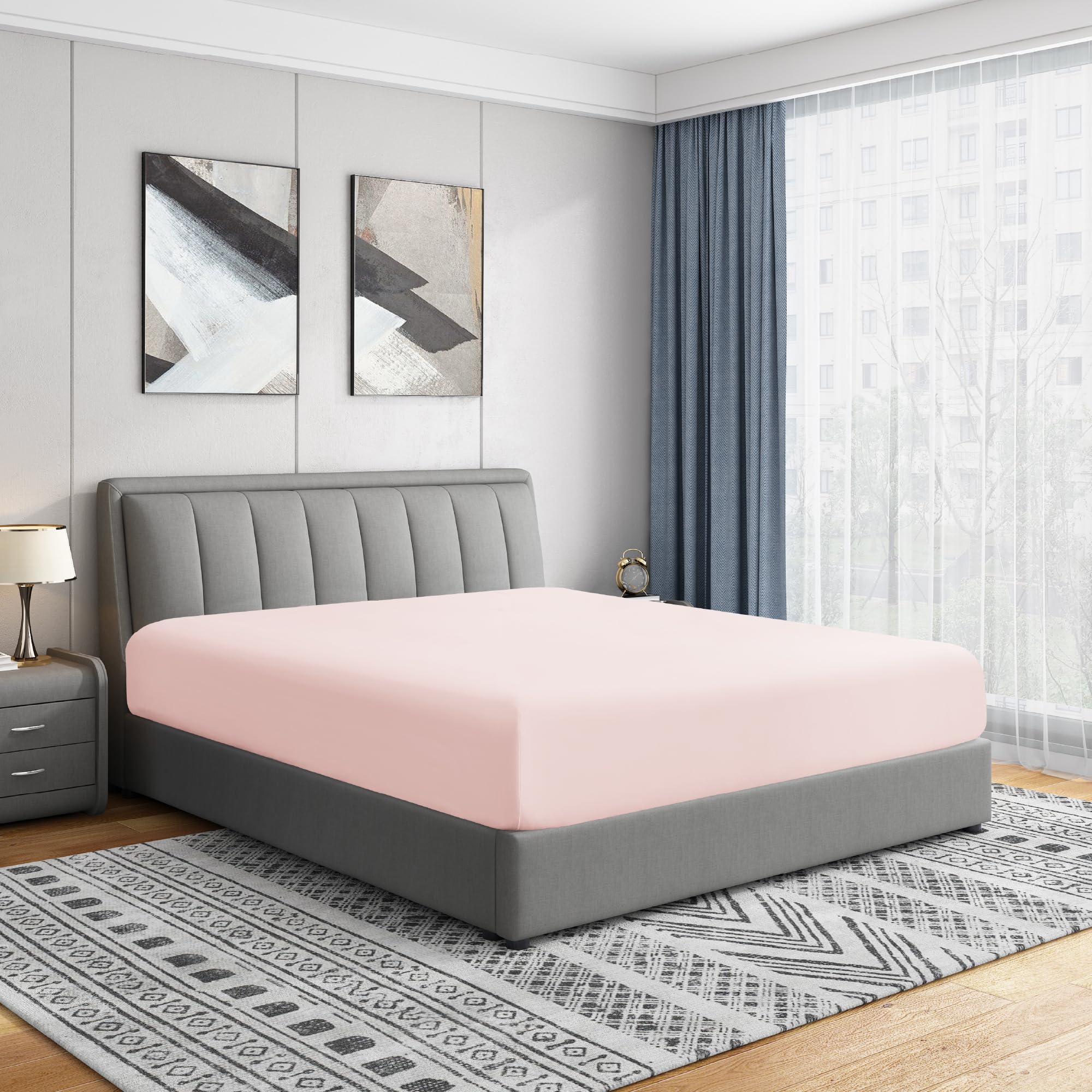 Cathay Home Twin Fitted Sheet - Double Brushed Ultra Soft – Wrinkle & Fade Resistant - 16" Deep Pocket Fitted Sheet Only - Good Fit for 14"-18" Deep Mattress (Twin, Blush)