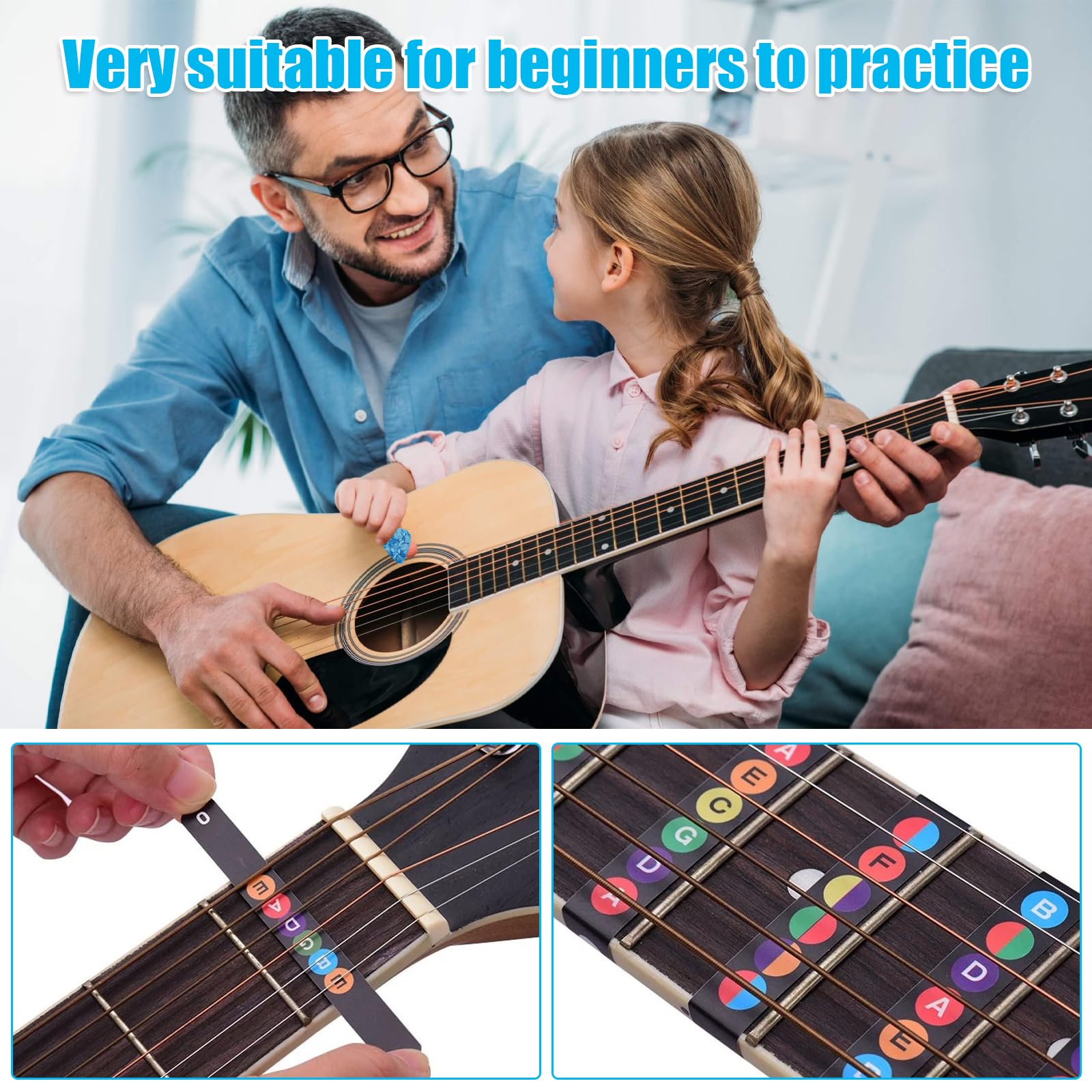 LUTER Kit Chitarra Per Principianti: 2 Adesivi Tasti + 10 Plettri Colorati - Ideale Per Chitarra Acustica Ed Elettrica 6 Corde - Foto 8