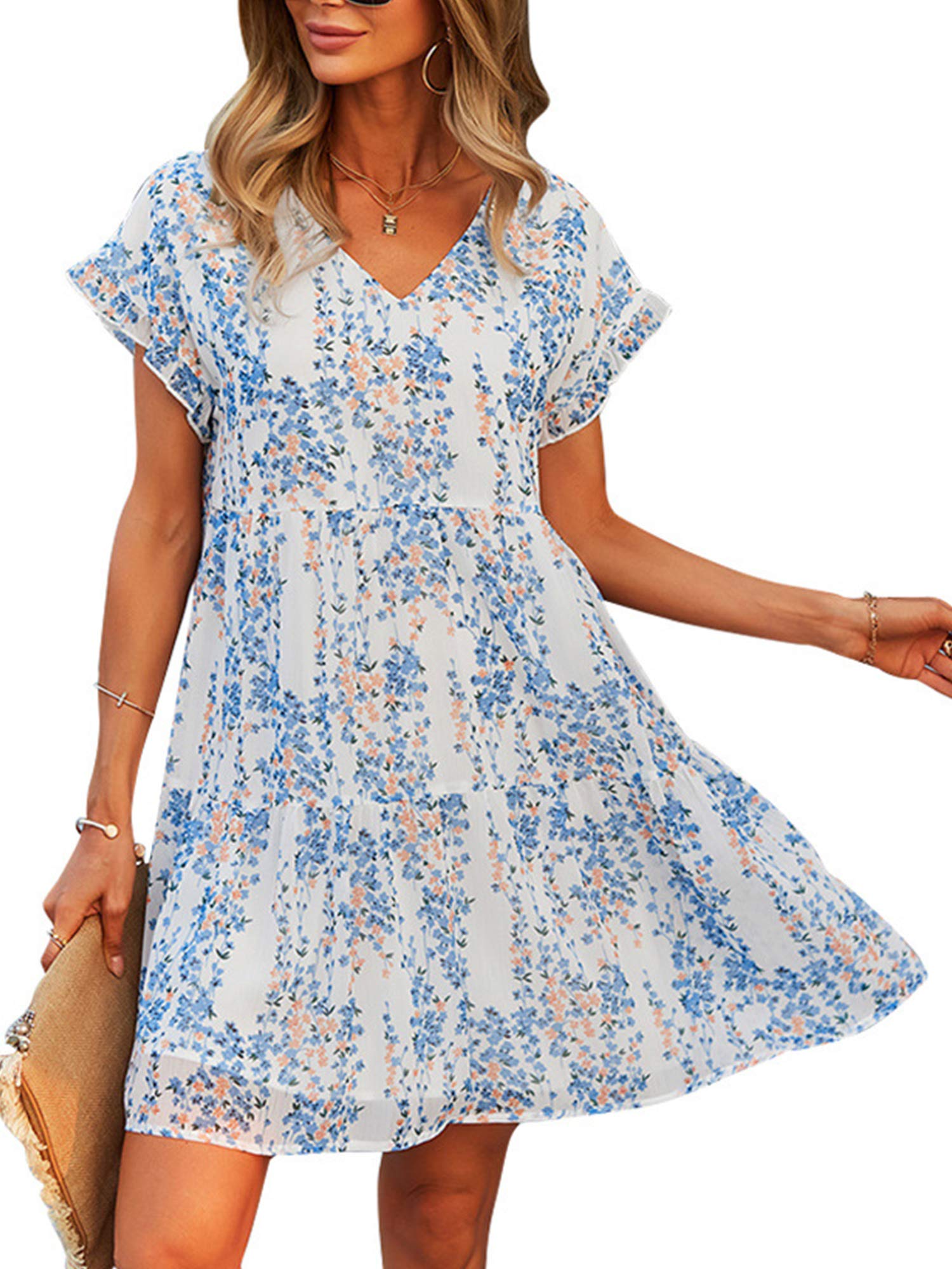 Women Tunic Dress V Neck Short Sleeve Ruffle Floral Printed Casual Loose Flowy Swing Shift Dress