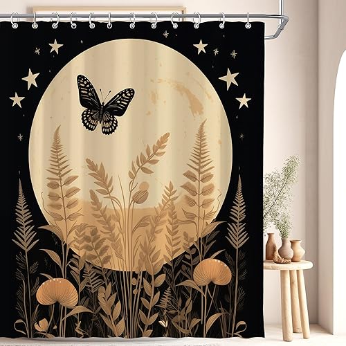 Miniatura 2 de Cortina de ducha retro con diseño de mariposa y luna para baño, 72 pulgadas de ancho x 72 pulgadas de alto, flores, plantas, hierbas, decoración de