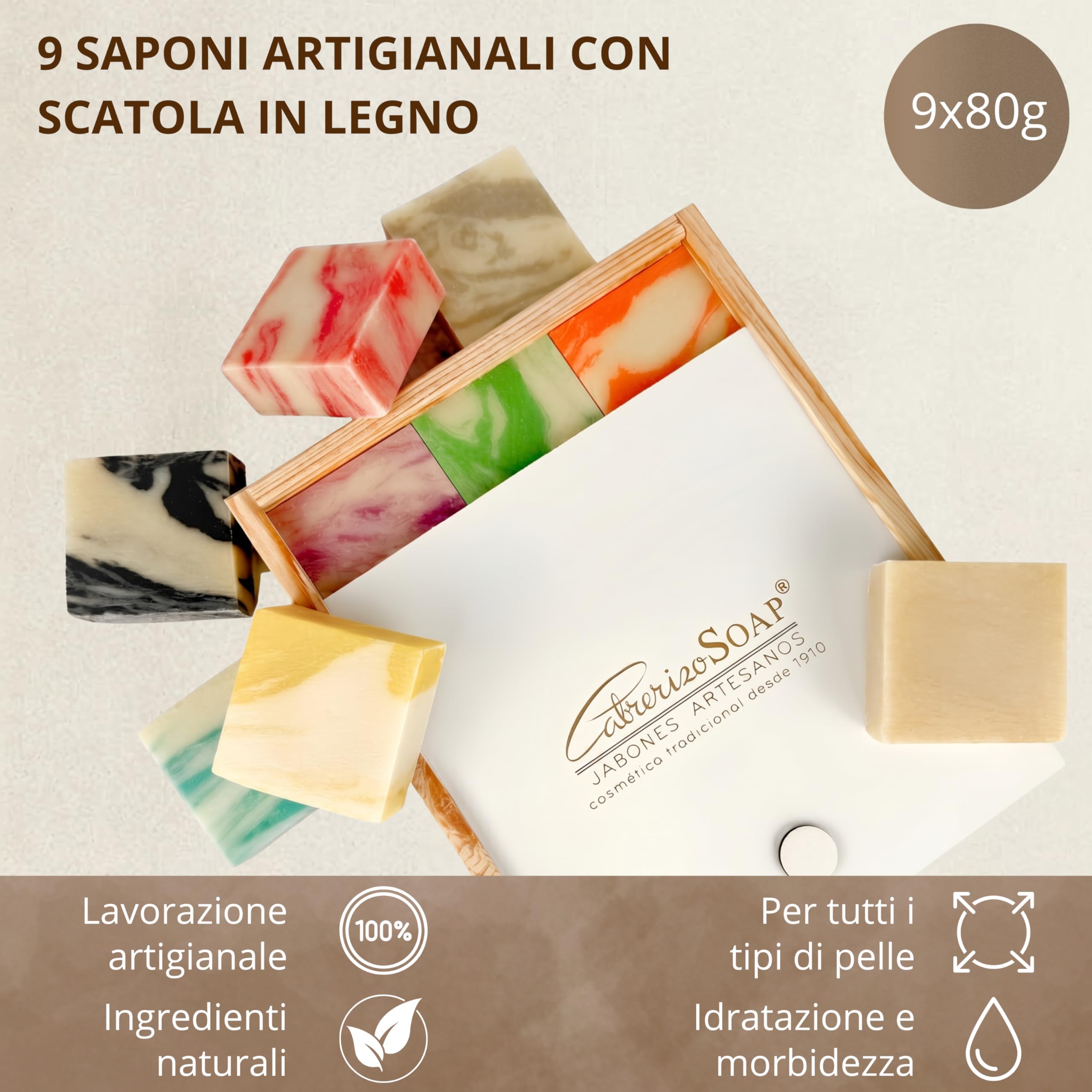Set Saponette Profumate Bomboniere – 9 Saponette Profumate Decorative da 80 g in scatola di legno - Saponi Naturali Artigianali per viso e corpo delicati, pelli sensibili uso quotidiano