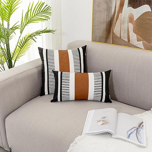 Miniatura 6 de Fundas de almohada lumbar a rayas bohemias de 12 x 20 pulgadas, funda de almohada de cuero moderna para sofá, decoración del hogar rural, color