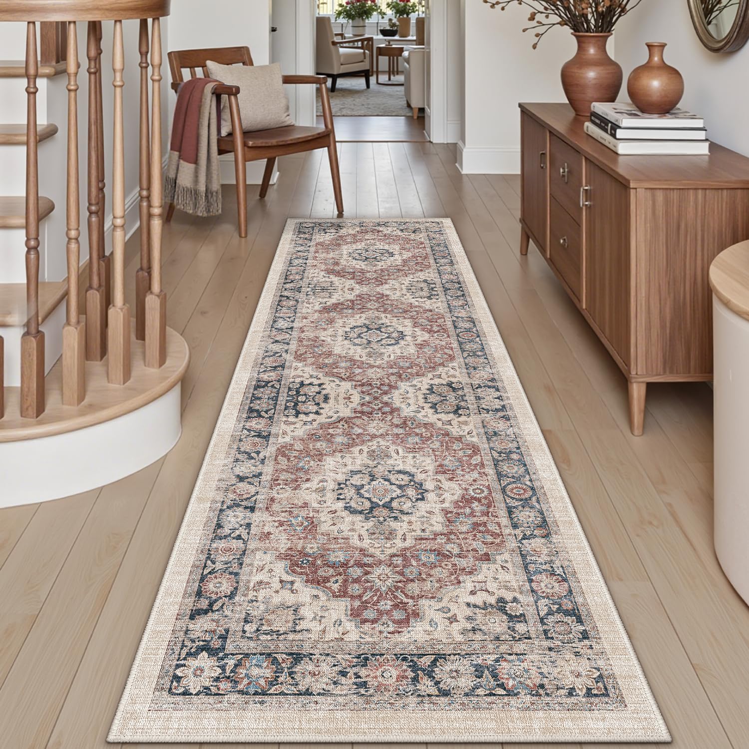 DEXI Hallway Runner Rug 60 x 150 cm, Non-Slip Long Washable Entryway Floor Mats, Absorbent Thin Vintage Carpet Runners for Kitchen, Laundry, Bedside, Beige