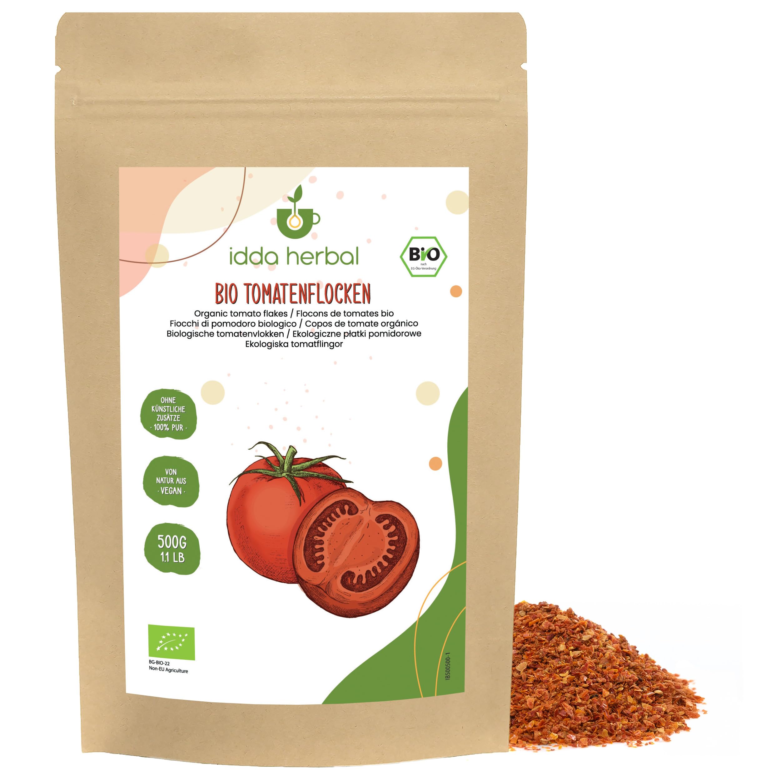 IDDA Herbal Copos de Tomate Orgánicos 500g, Trozos de Tomate, Tomates Secos Triturados para Cocinar