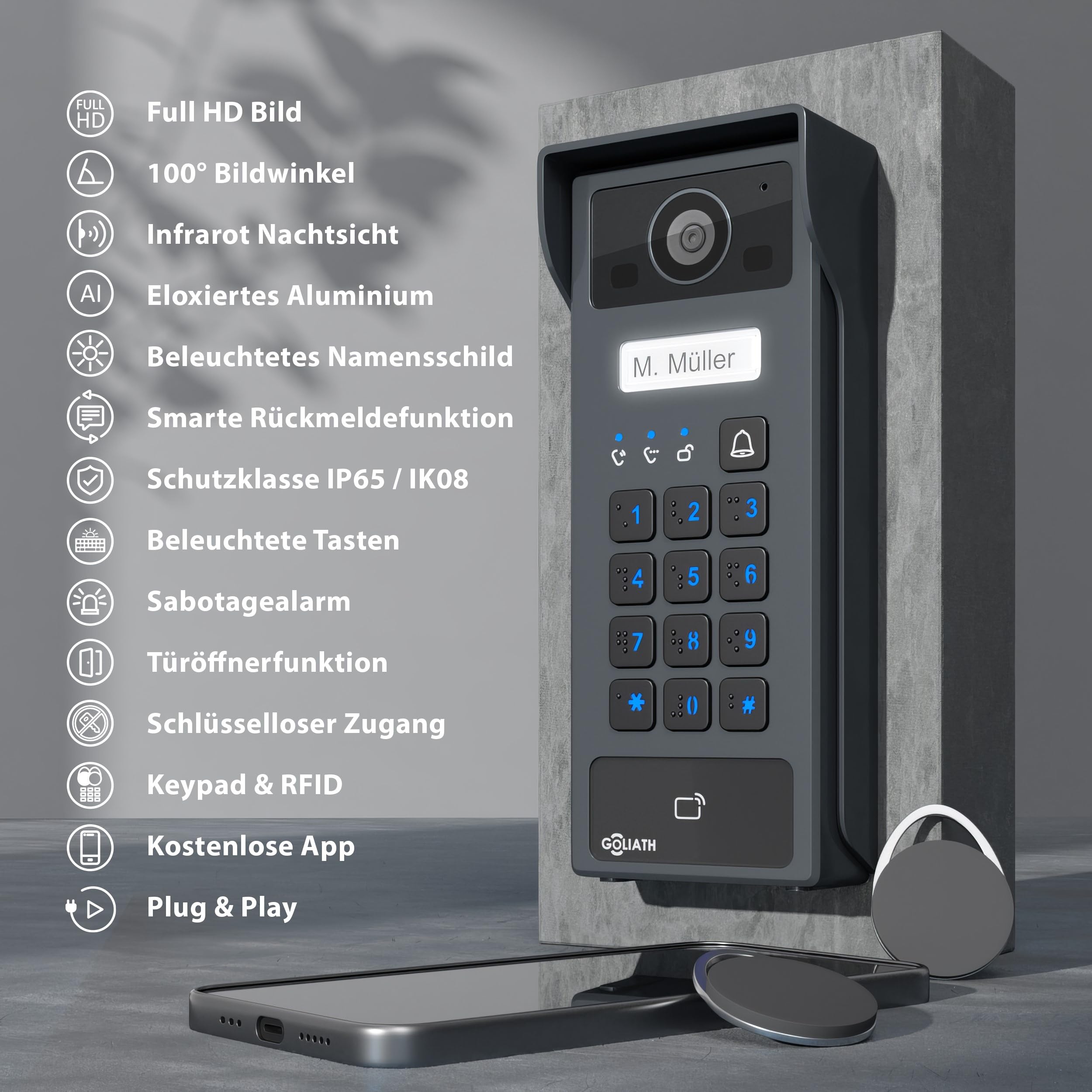 GOLIATH Basic 2-Draht Bus Video-Türsprechanlage, Full-HD, App-Steuerung, 2X 7 Zoll Monitore in Weiß, RFID & Keypad, 1-Familienhaus, Aufputz, AV-BLS-K-02W