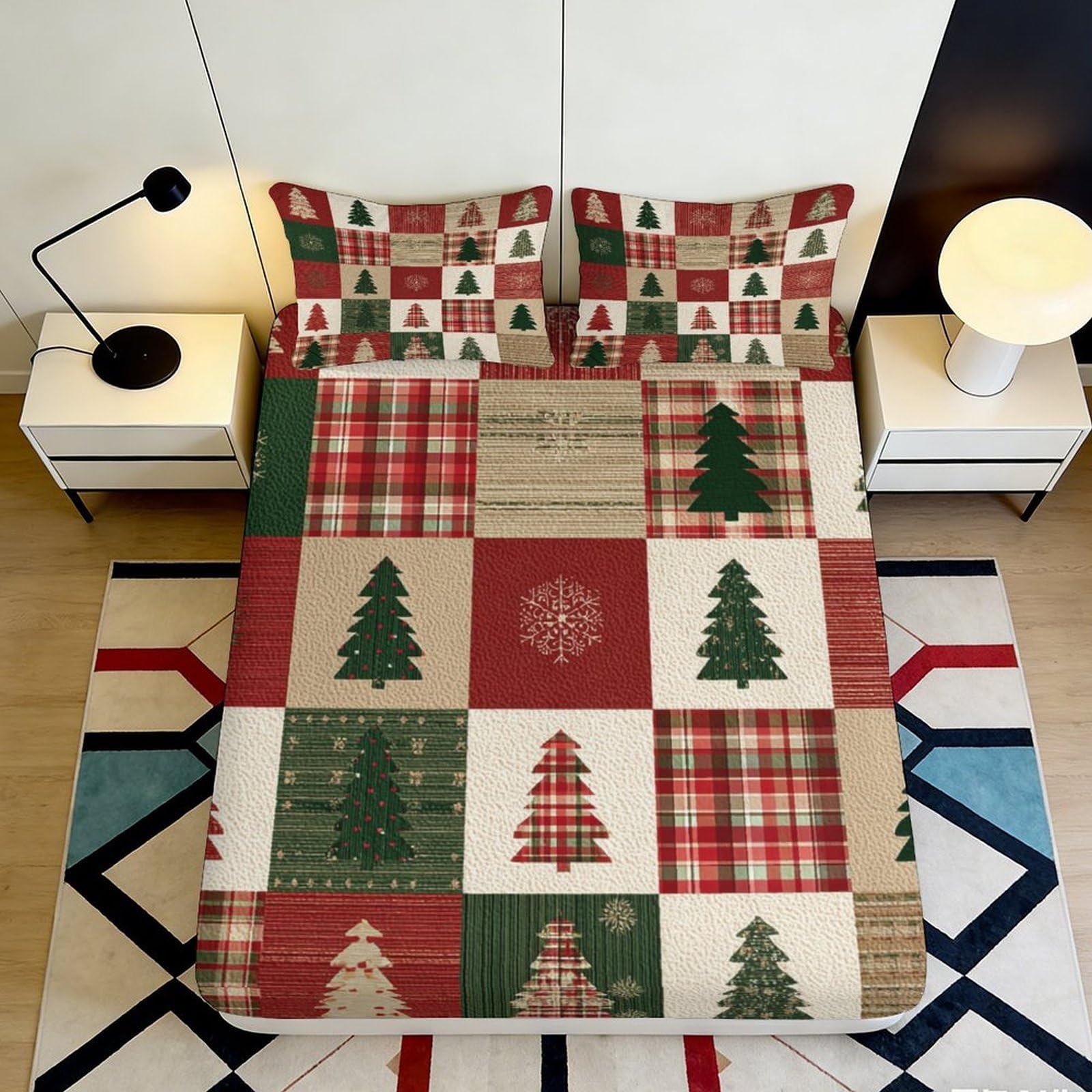 3D Printed Christmas Patchwork Fitted Sheet Microfiber Festive Tree Bed Cover for Bedroom Dorm Holiday Decor 120x200cm 90x200x25cm
