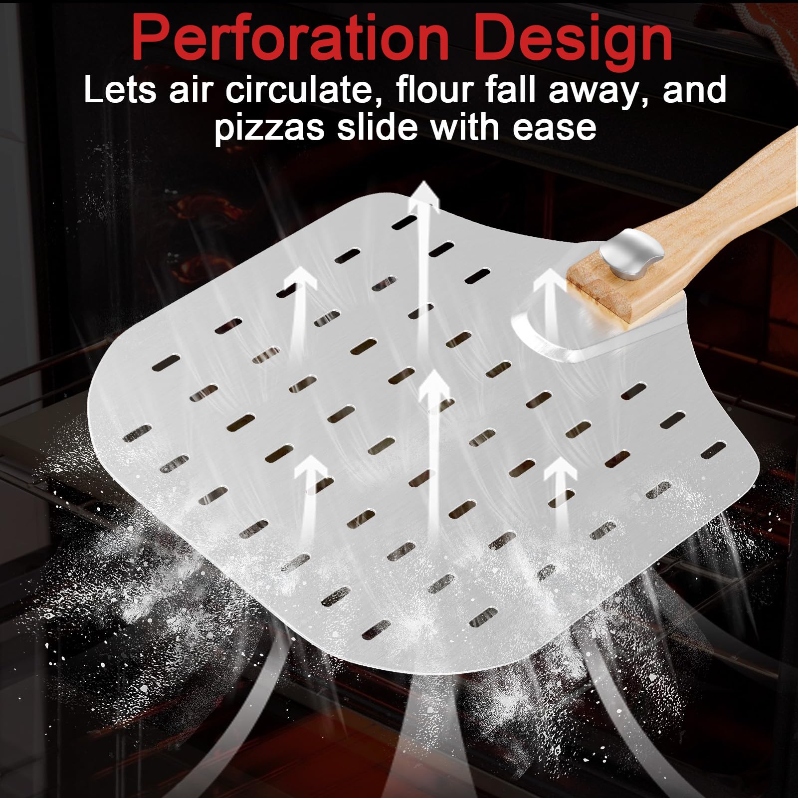 iklestar Kit 4 pièces pour pizza, 30 * 35CM Pelle à Pizza Perforée en Aluminium avec Manche Repliable, Coupe-pâte, Roulette à pizza professionnelle, Pelle à Tarte en Acier Inoxydable