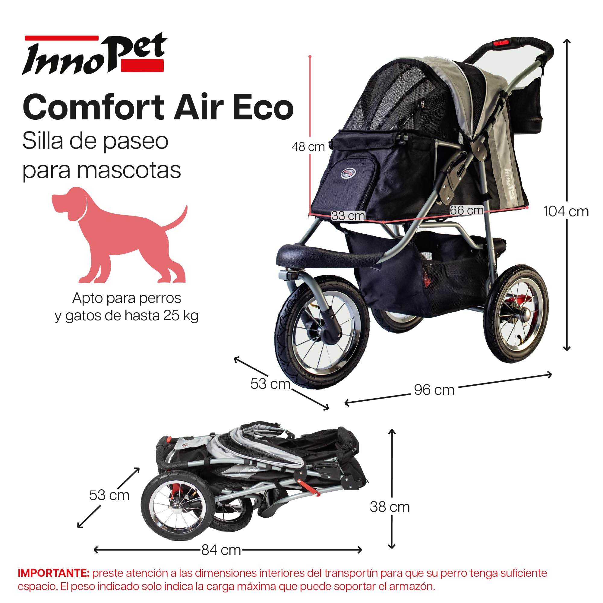 Innopet Comfort Air Eco negro/plata - Cochecito para perros y gatos con ruedas neumáticas de 12”, plegado con una mano, tejido reciclado y organizador