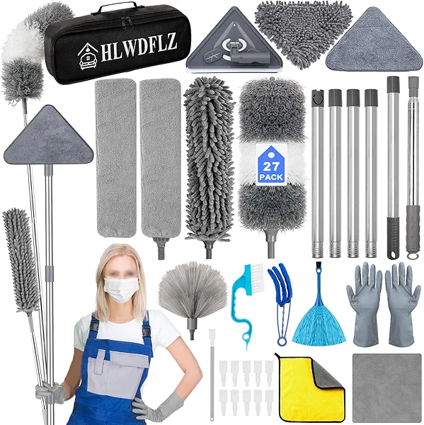HLWDFLZ Microfiber Duster Kit 27pcs with 30 to 100 Inches Extension Pole and Wall Cleaner Mop, Washable and Bendable Feather Duster for Cleaning Ceiling Fans, High Ceilings, Cobwebs, Blinds, Grey