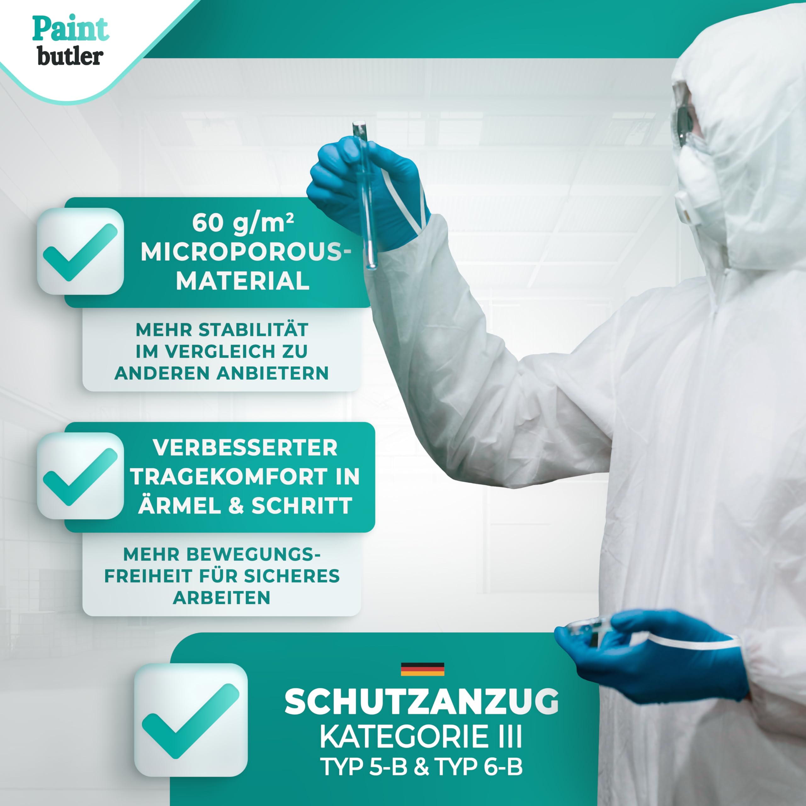Pro - 5x Chemikalien-Schutzanzug mit Kapuze - Kat III Typ 5B & 6B - Industrie-Schutzkleidung, mikroporöser Einweg-Arbeits-Overall, Robust 60gsm, Partikeldicht (XL)
