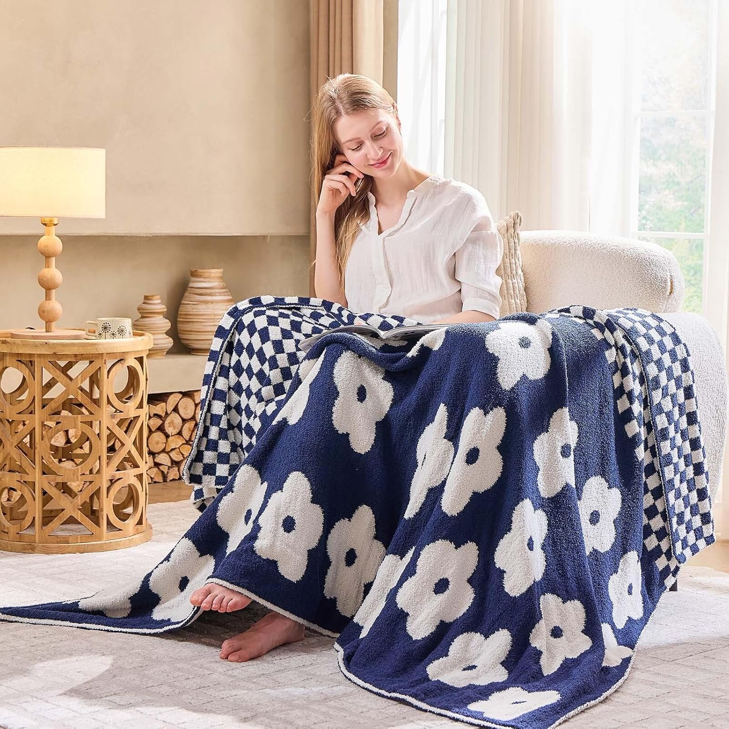 Checkered Throw Blanket, Navy Blue Flower Blanket for Couch, 50"x60" Soft Plaid Knit Blanket for Home Decor, Reversible Checkerered Blankets for Sofa, Chair, Bed - Image 2