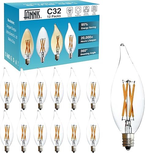 Paquete de 12 bombillas LED C32 con punta de llama, 4 W equivalentes a 40 W, bombilla Edison de filamento blanco cálido de 2700 K, base E12,