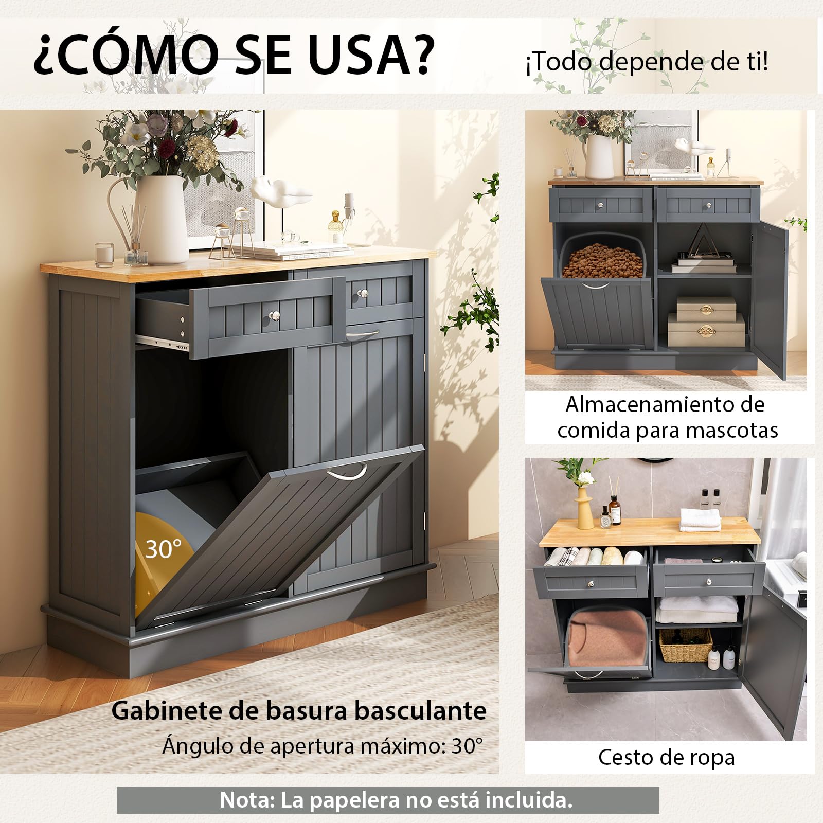 COSTWAY Aparador Auxiliar Armario de Cocina con Soporte para Botes de Basura hasta 42L Mueble de Almacenamiento de Caucho con 2 Cajones y Estante Ajustable Aparador de Cocina para Basura