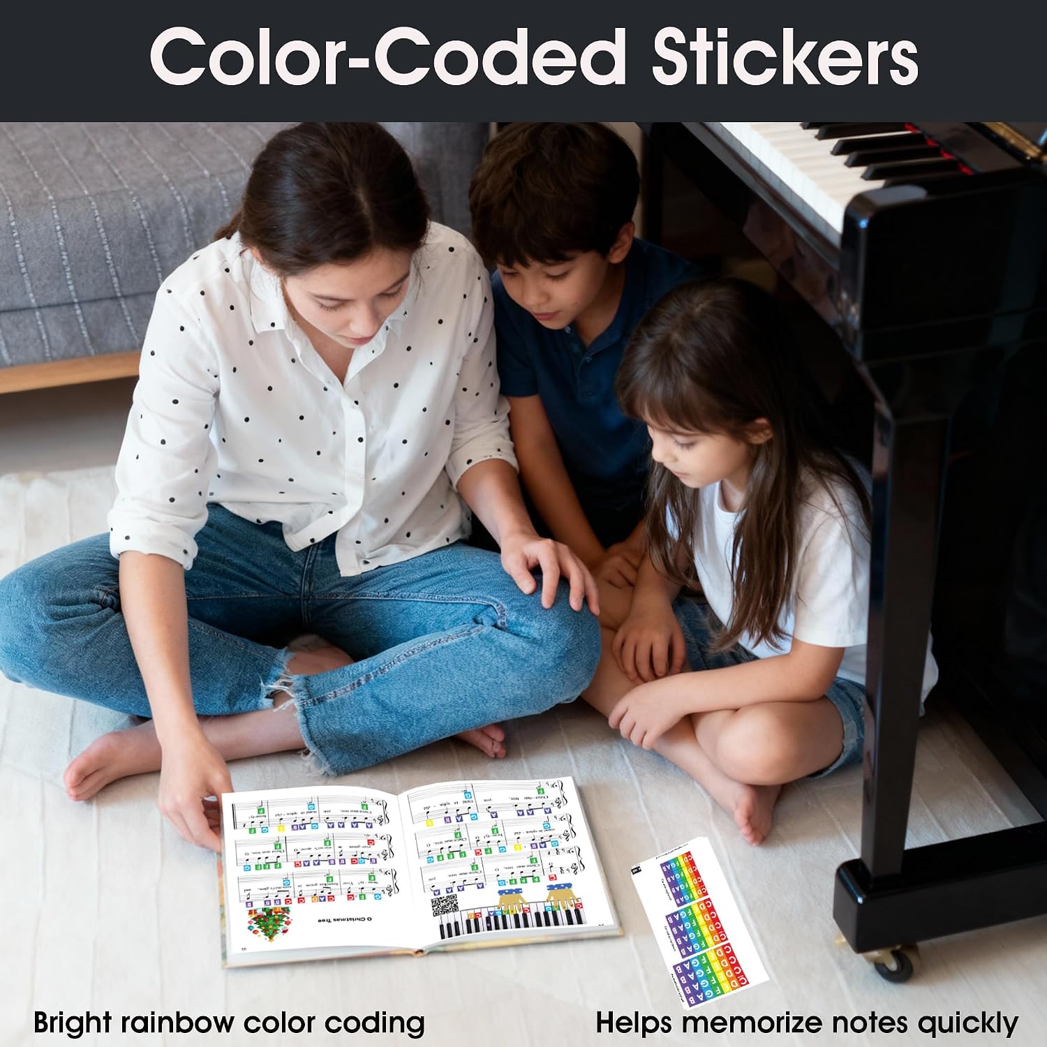 Piano Playtime Christmas Beginner Piano Book with Rainbow Color Keyboard Stickers – Easy Sheet Music Learning Kit with Video Tutorials – Holiday Practice Set for Students & Beginners