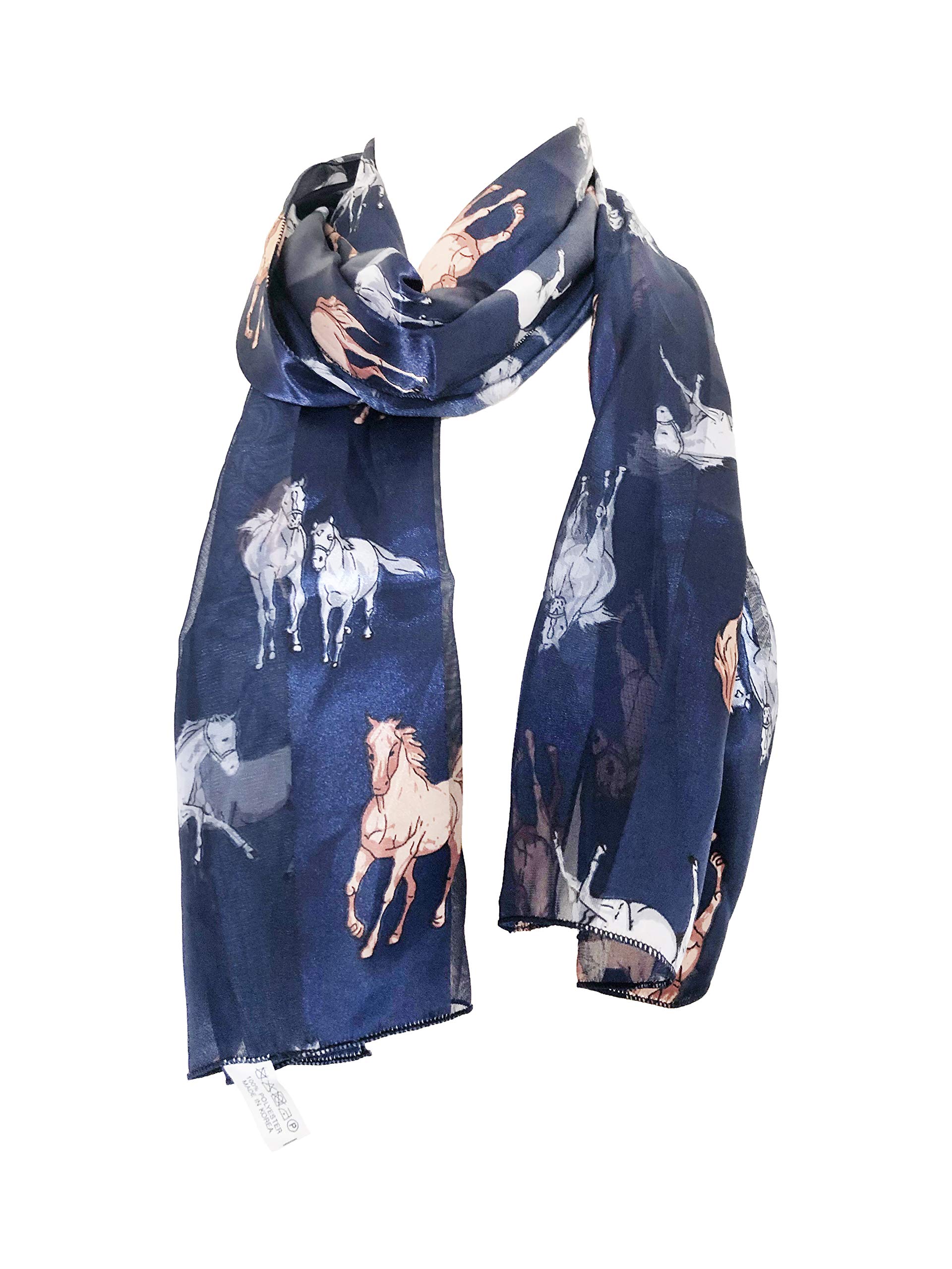 Pamper Yourself Now Women's Navy Blue Running Horse Shiny Thin Pretty Scarf