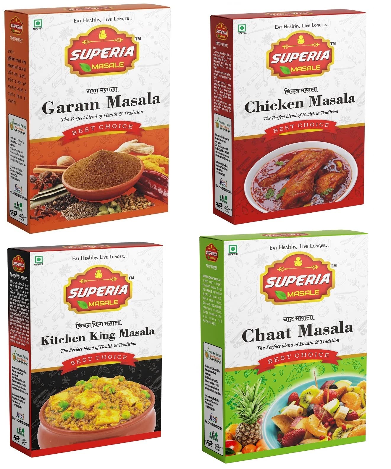 SUPERIA MASALE Garam Masala,Chicken Masala, Kitchen king,Chat Masala (Pack of 4) | Easy to Cook Masala |Mix Blended Spice Mix |Hygienically Packed | Ready to Cook Spice Mix (400gm)