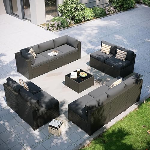 Miniatura 16 de Aoxun Juego de muebles de patio, 7 piezas de sofás seccionales para exteriores con cubierta Waterprool, muebles de mimbre para exteriores, juego de