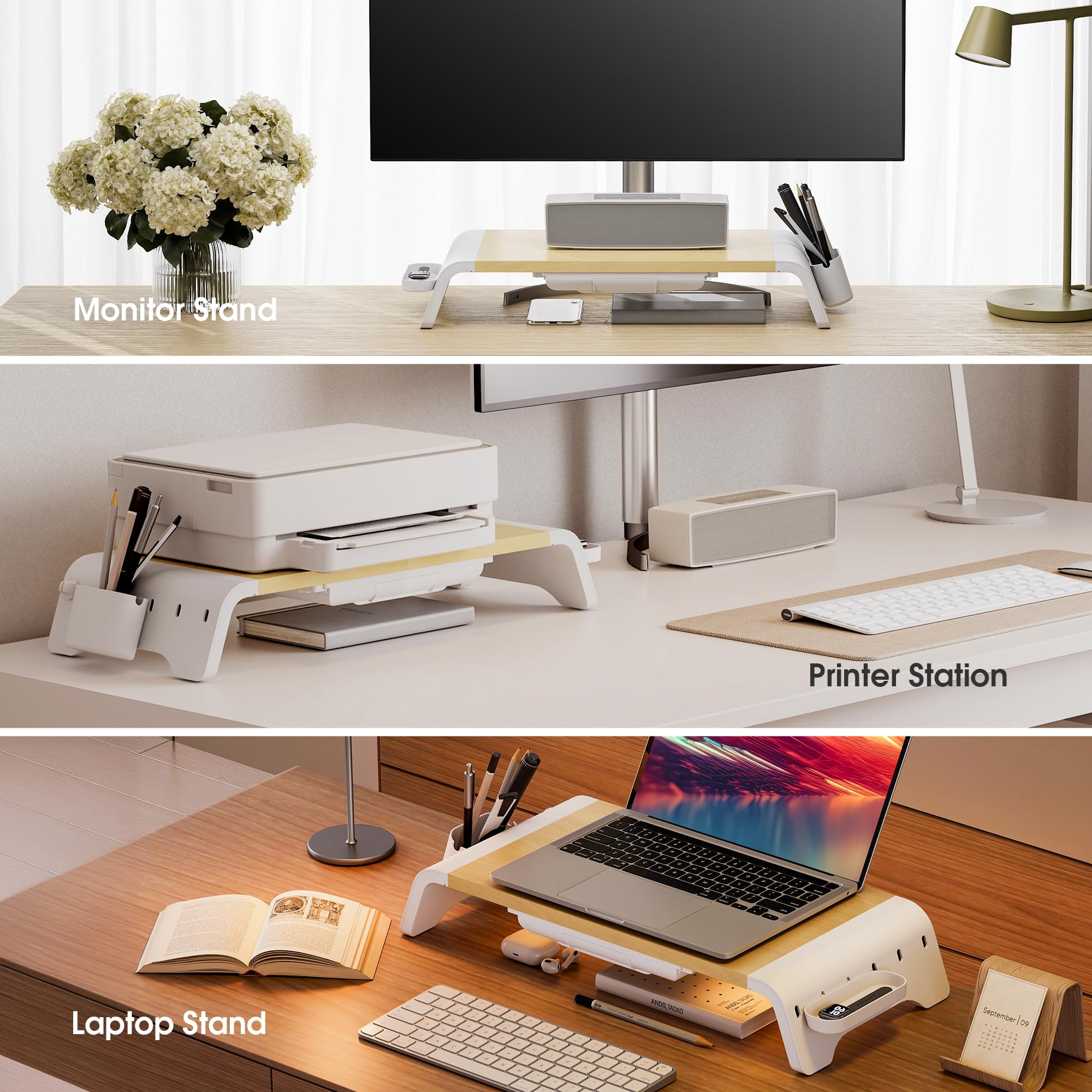 Fenge Réhausseur d'Écran,Aucune Assemblée,avec Support pour téléphone,Chêne | Suppot de Moniteur avec tiroir,support d'Ordinateur Portable,2 Fente de stockage amovible,Charge de 25kg