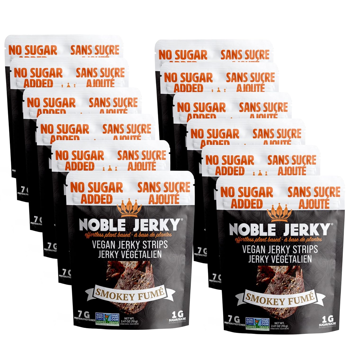 Noble Jerky - Keto, Vegan, Vegetarian, Tender Plant Based Snack, Smokey Strips, Full Case 12 Bags (70 grams each)