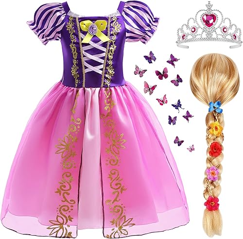 Tacobear Rapunzel - Vestido de princesa para niñas, disfraz de princesa con peluca, corona y alfiler de mariposa, disfraz de Halloween, cumpleaños,