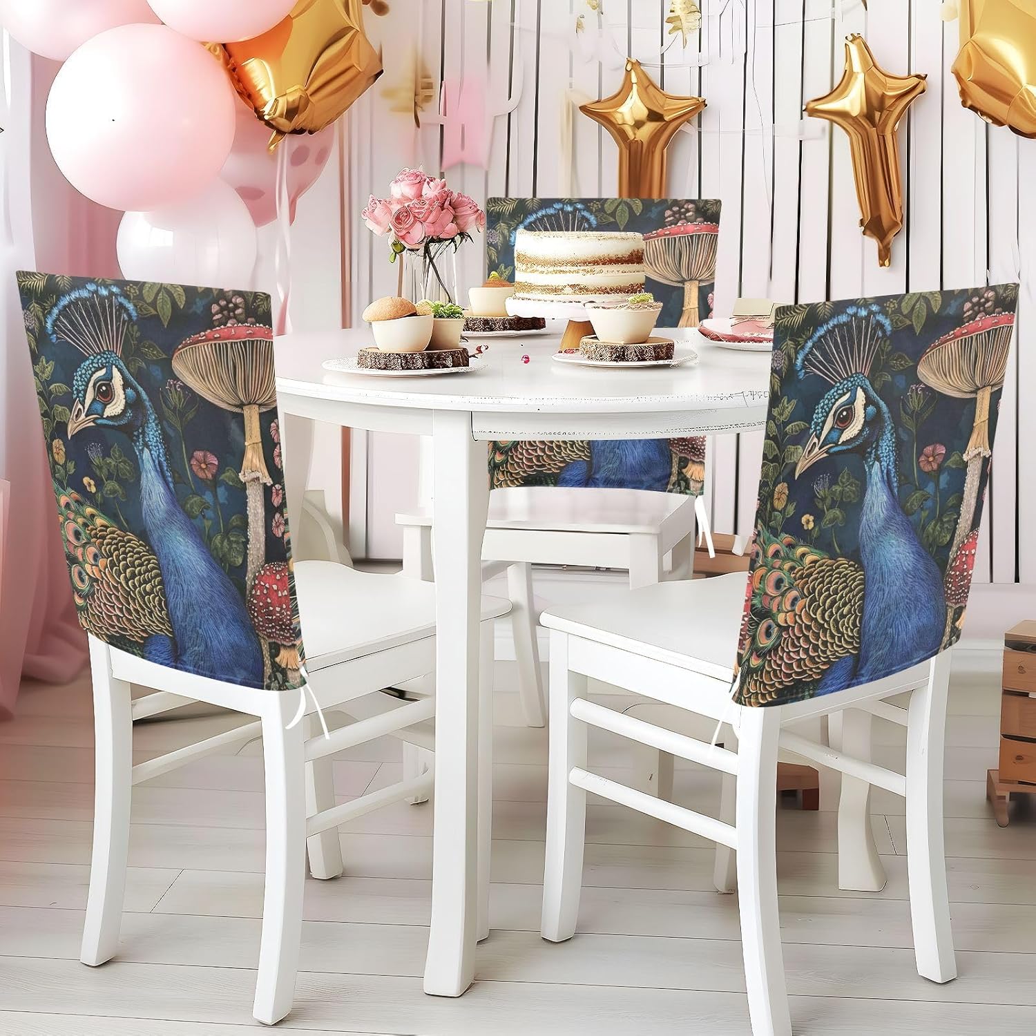 ALAZA Peacock and Mushroom Chair Back Cover Set of 6, Washable Reusable Removable Chair Slipcovers Decorative Chair Cover for Home Kitchen Wedding Party