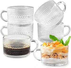 6 Pcs Vintage Glass Coffee Mugs, 15 oz Clear Embossed Glass Tea Mug, Stackable Glass Coffee Cups with Handle for Cappuccino Latte Espresso Cereal Yogurt Beverage