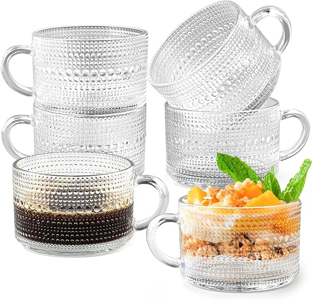 6 Pcs Vintage Glass Coffee Mugs, 15 oz Clear Embossed Glass Tea Mug, Stackable Glass Coffee Cups with Handle for Cappuccino Latte Espresso Cereal Yogurt Beverage